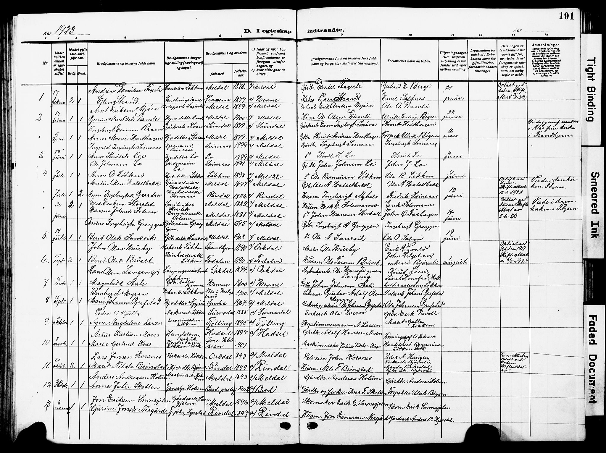 Ministerialprotokoller, klokkerbøker og fødselsregistre - Sør-Trøndelag, SAT/A-1456/672/L0865: Parish register (copy) no. 672C04, 1914-1928, p. 191