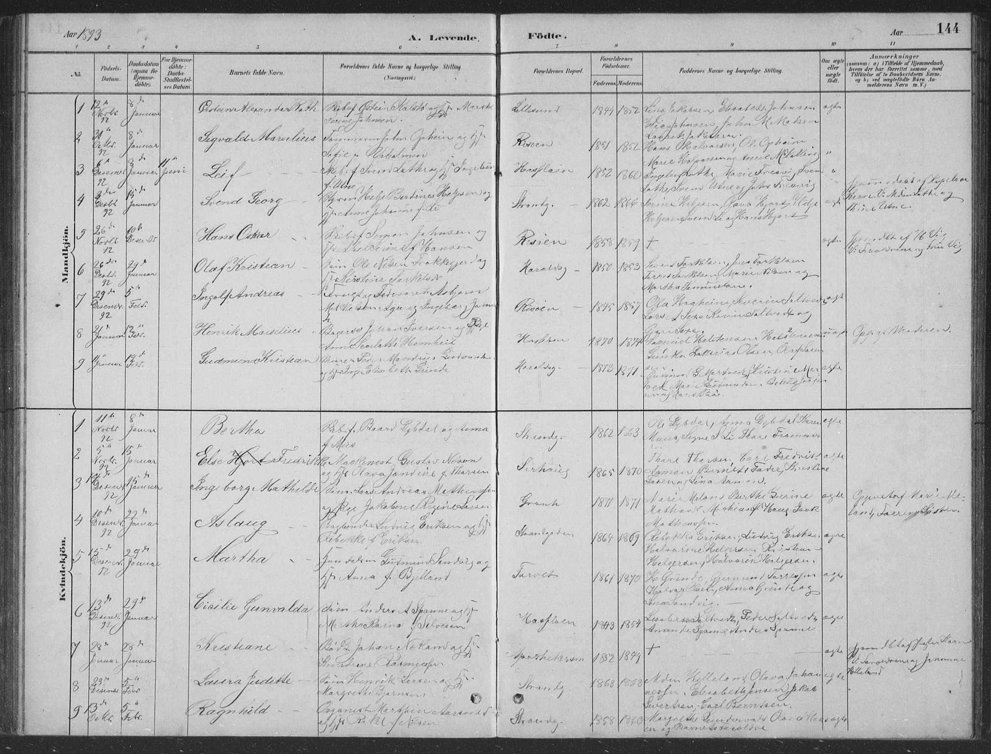 Haugesund sokneprestkontor, AV/SAST-A -101863/H/Ha/Hab/L0002: Parish register (copy) no. B 2, 1881-1894, p. 144