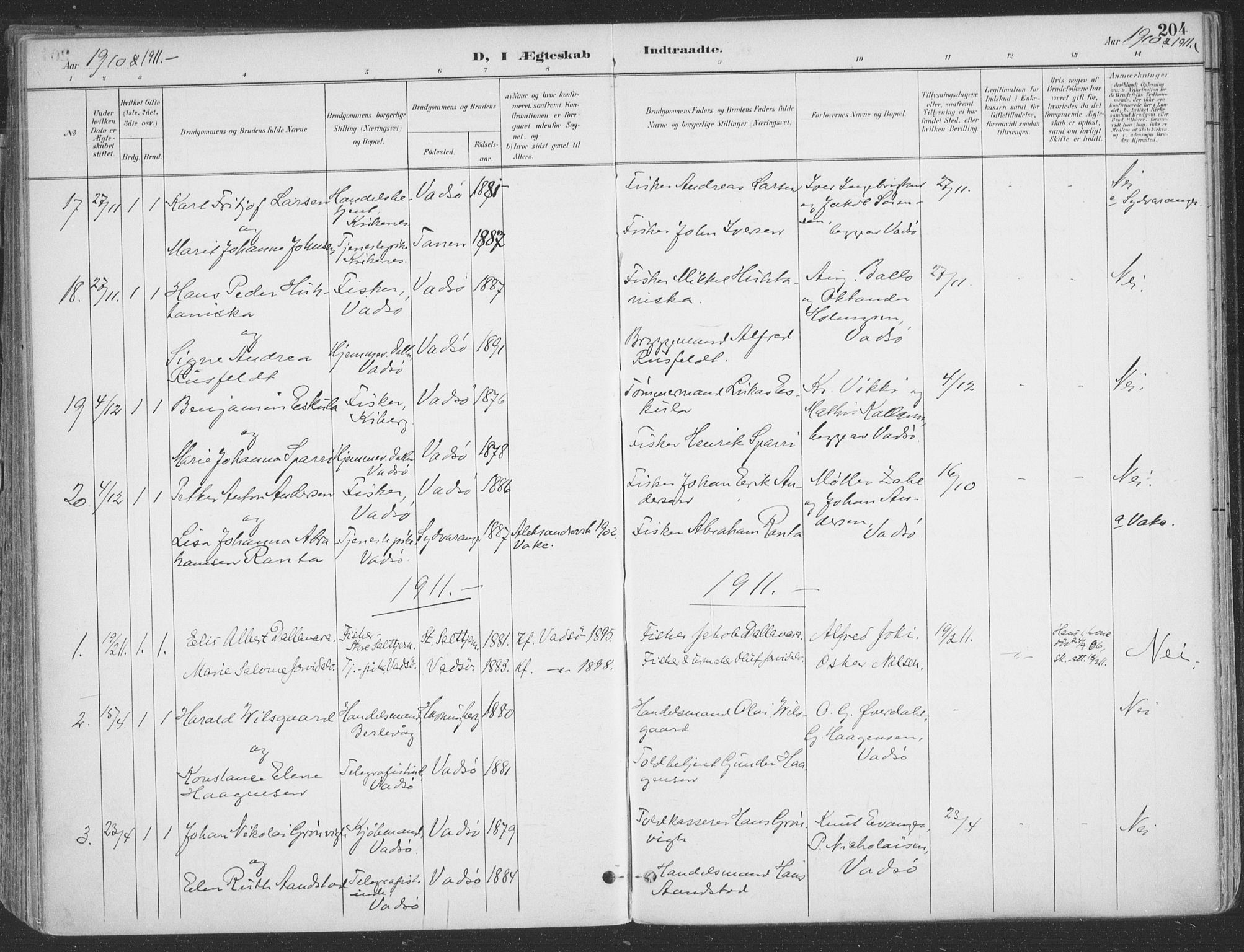 Vadsø sokneprestkontor, AV/SATØ-S-1325/H/Ha/L0007kirke: Parish register (official) no. 7, 1896-1916, p. 204