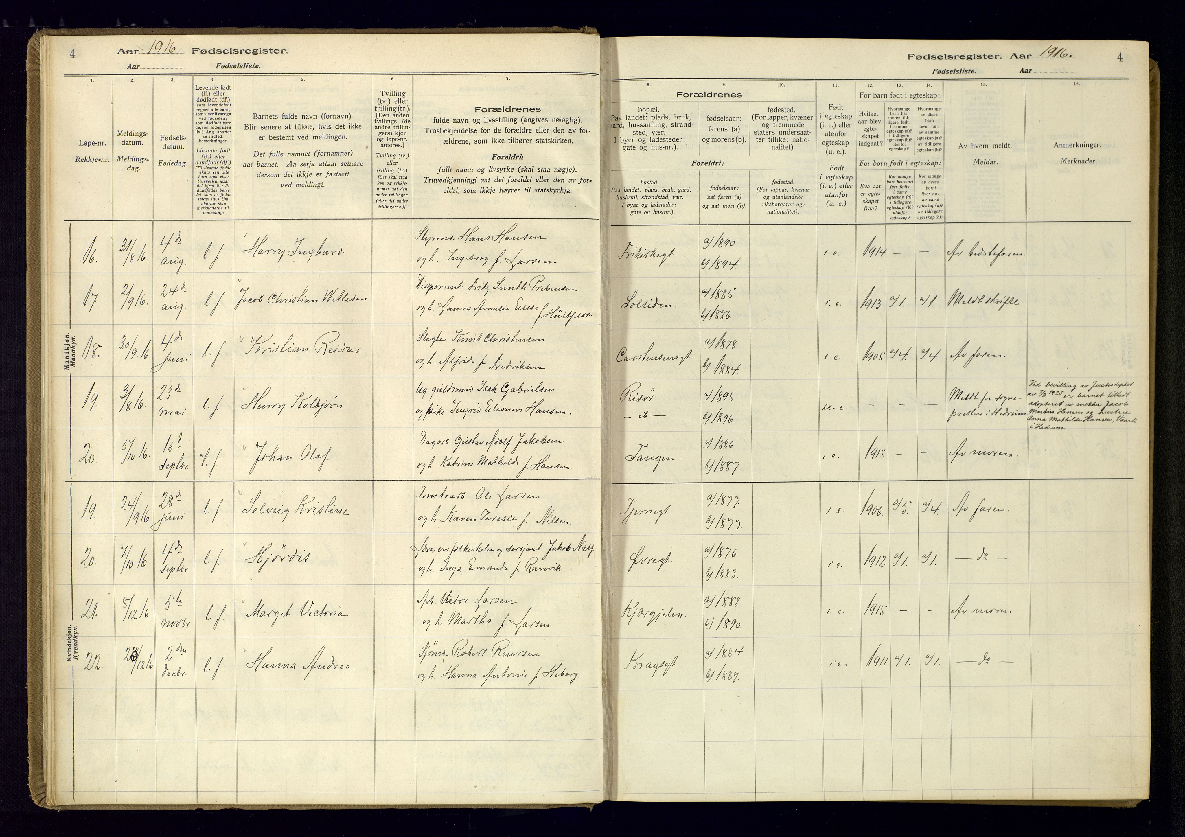 Risør sokneprestkontor, AV/SAK-1111-0035/J/Ja/L0001: Birth register no. A-VI-13, 1916-1947, p. 4