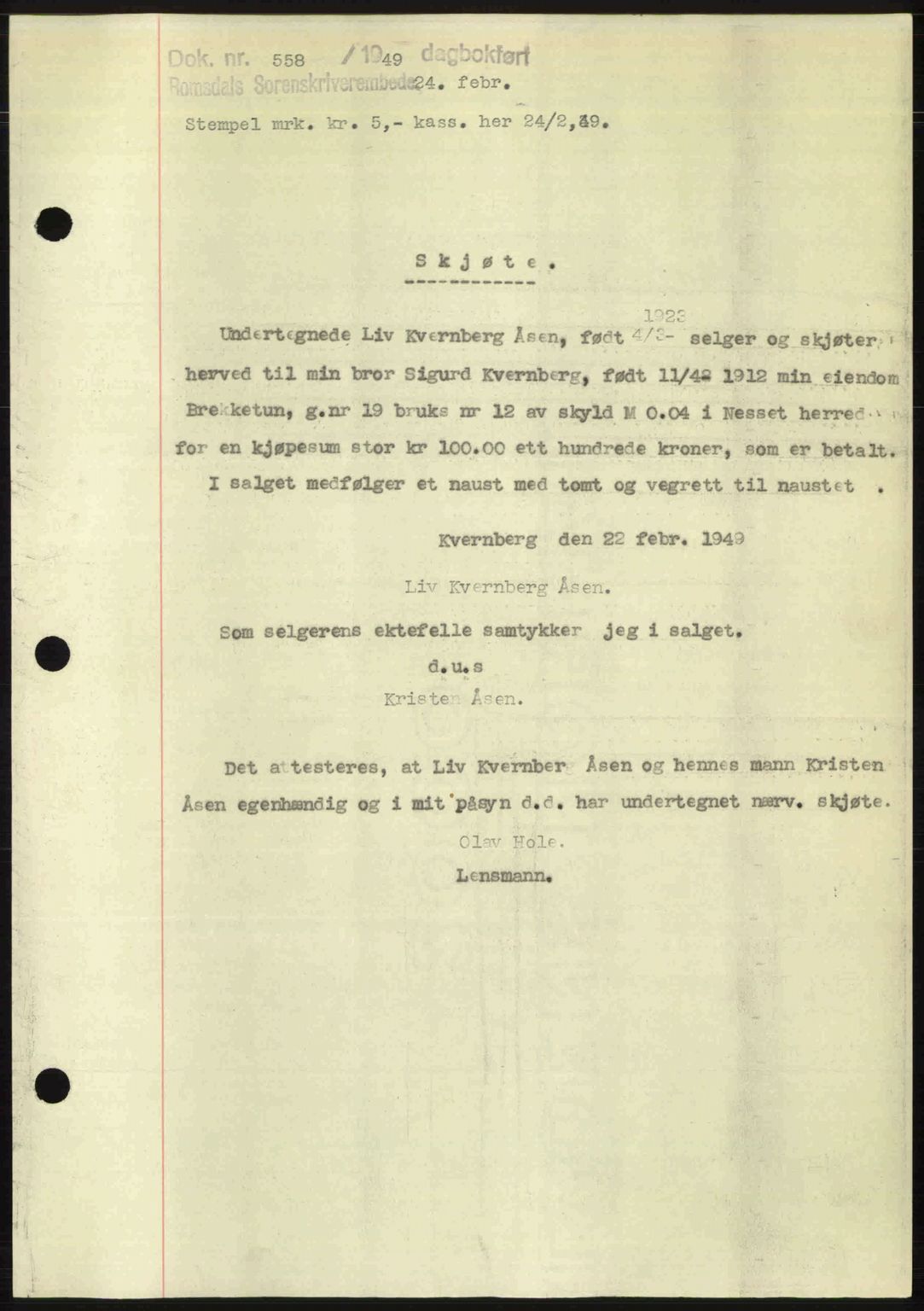 Romsdal sorenskriveri, AV/SAT-A-4149/1/2/2C: Mortgage book no. A28, 1948-1949, Diary no: : 558/1949