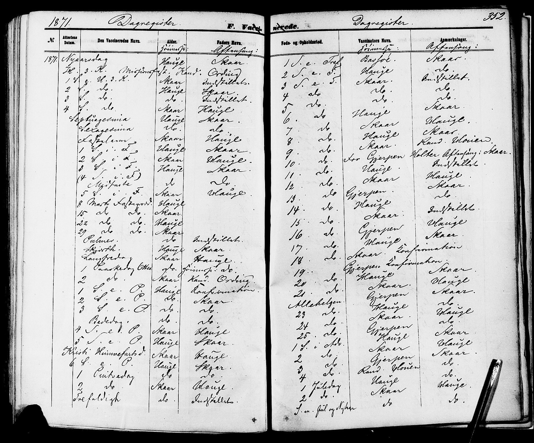 Skien kirkebøker, SAKO/A-302/F/Fa/L0008: Parish register (official) no. 8, 1866-1877, p. 352