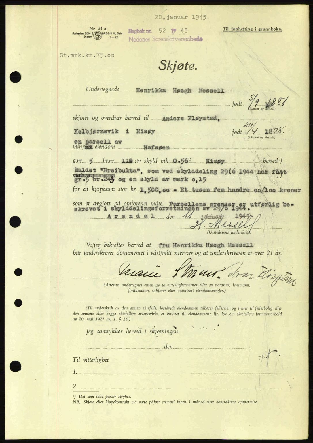 Nedenes sorenskriveri, SAK/1221-0006/G/Gb/Gba/L0052: Mortgage book no. A6a, 1944-1945, Diary no: : 52/1945