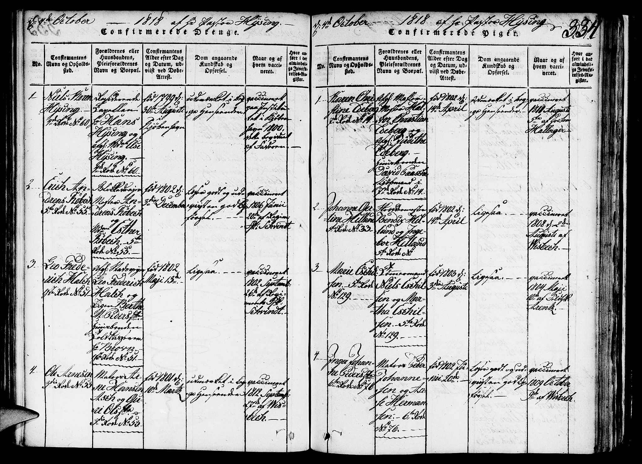 Nykirken Sokneprestembete, SAB/A-77101/H/Haa/L0011: Parish register (official) no. A 11, 1816-1821, p. 334