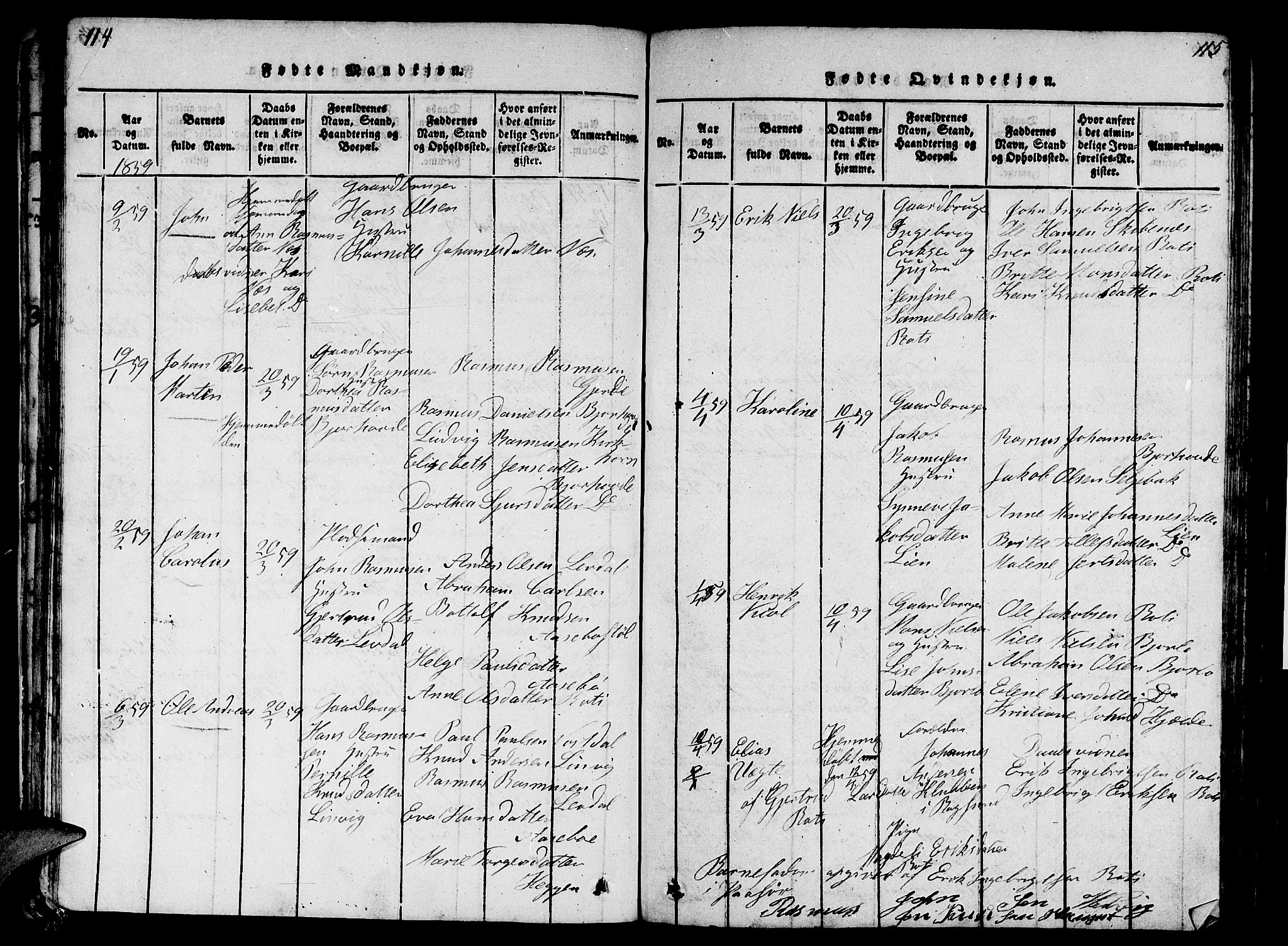 Eid sokneprestembete, AV/SAB-A-82301/H/Hab/Haba/L0001: Parish register (copy) no. A 1, 1816-1862, p. 114-115