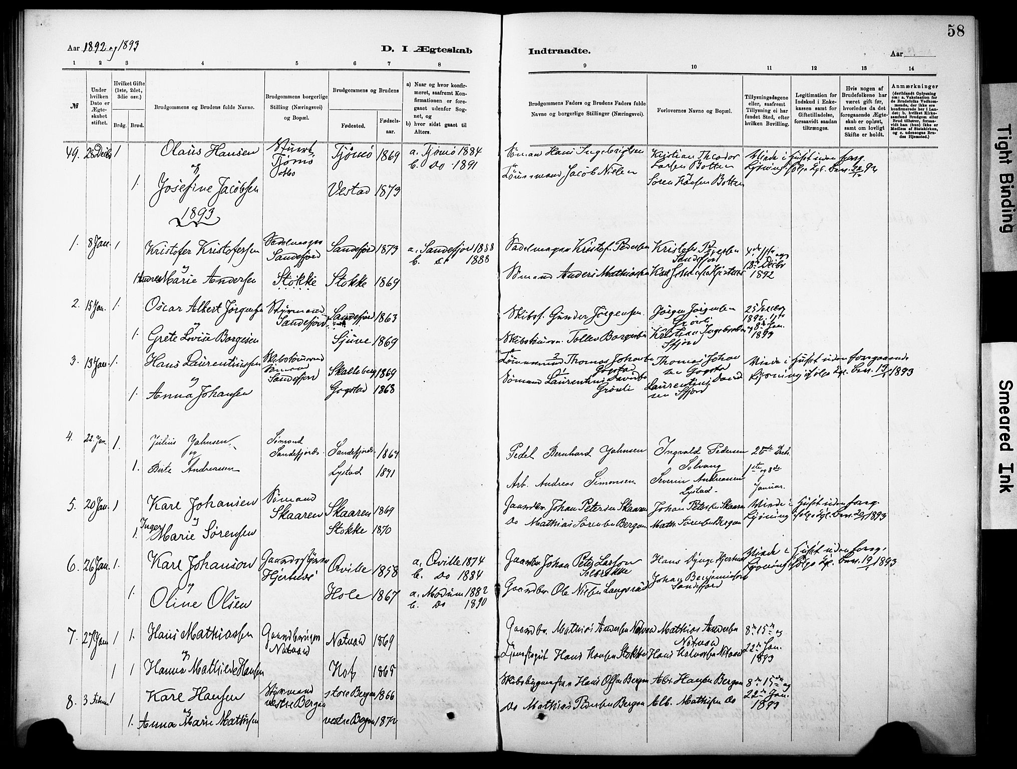 Sandar kirkebøker, SAKO/A-243/F/Fa/L0013: Parish register (official) no. 13, 1883-1895, p. 58