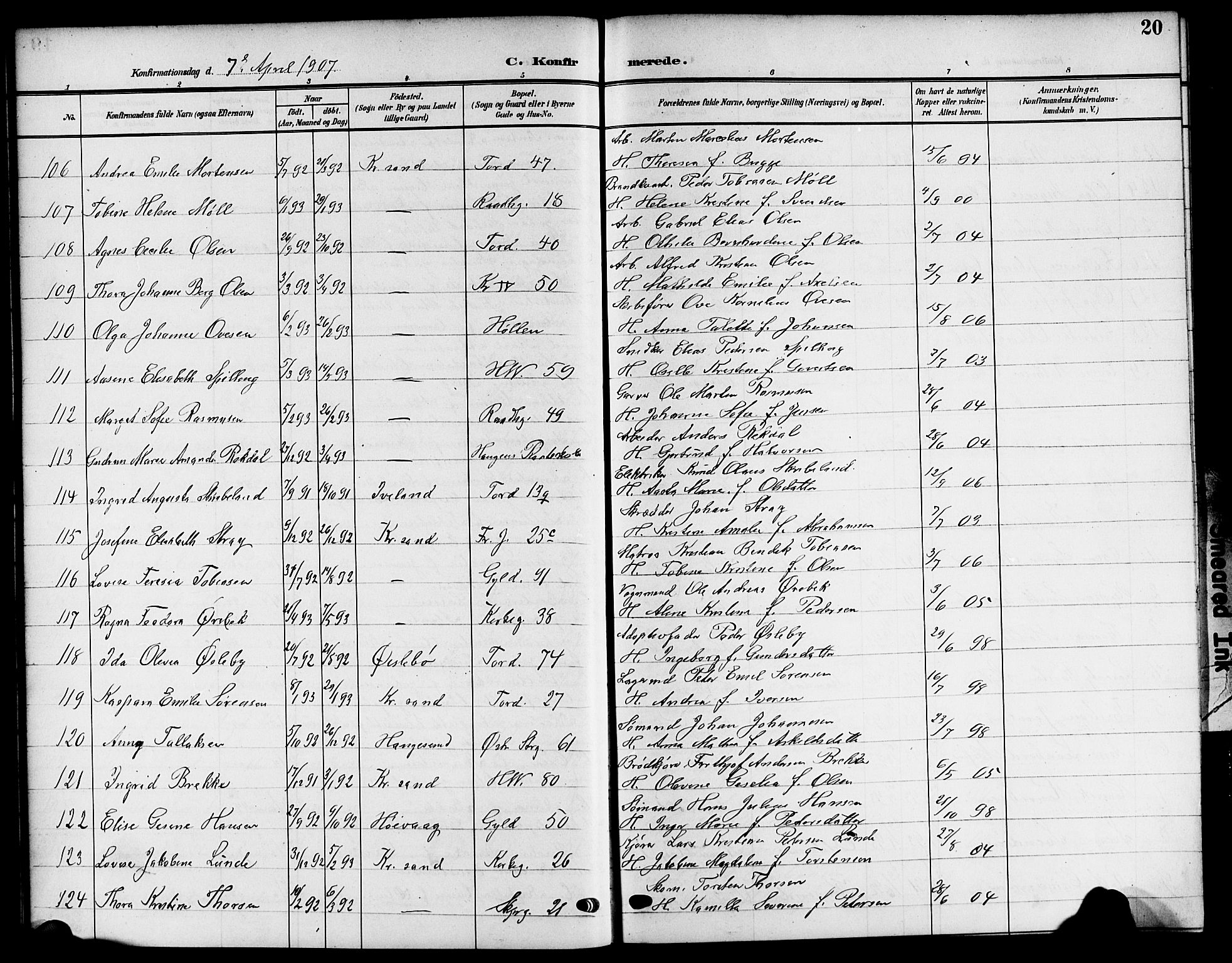 Kristiansand domprosti, AV/SAK-1112-0006/F/Fb/L0020: Parish register (copy) no. B 20, 1906-1915, p. 20