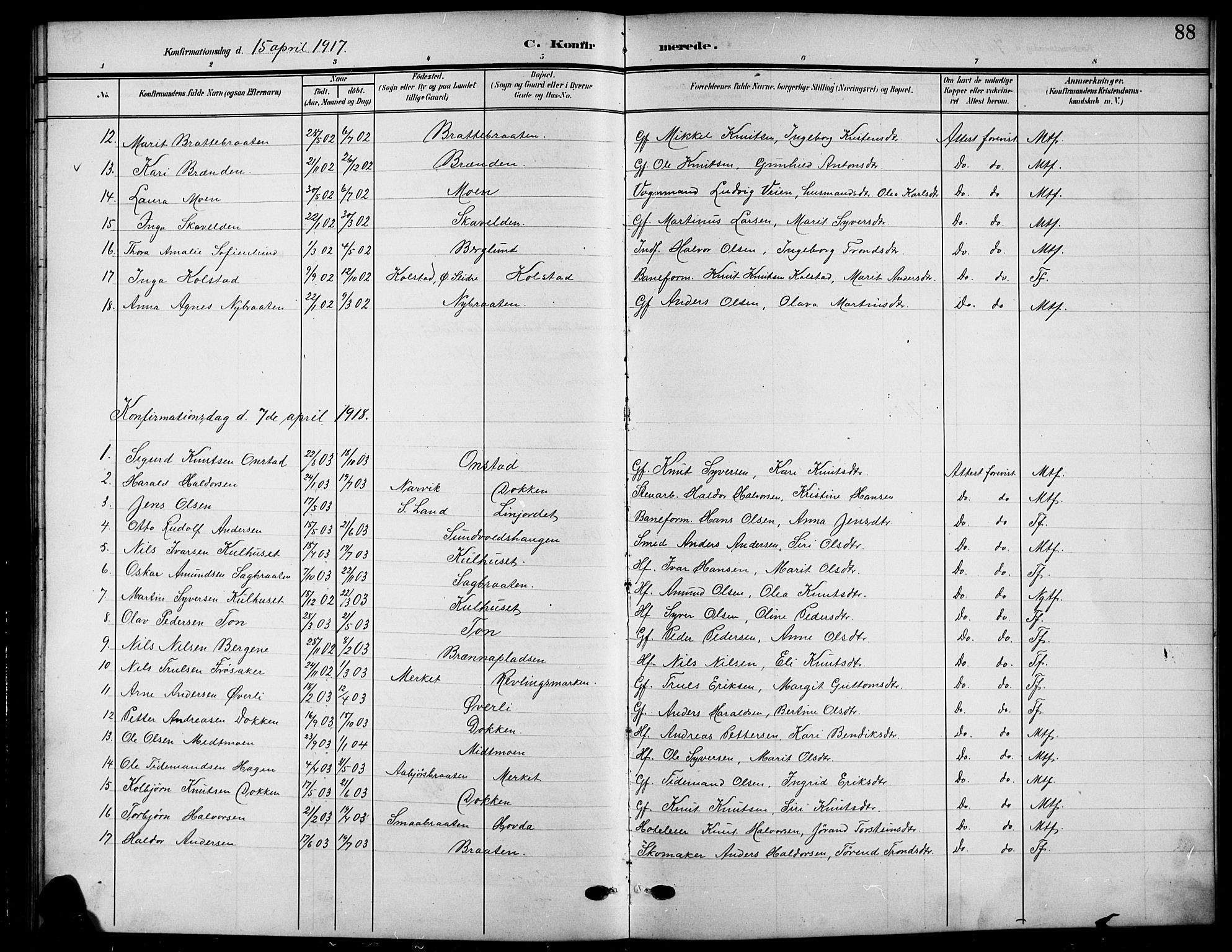Nord-Aurdal prestekontor, SAH/PREST-132/H/Ha/Hab/L0012: Parish register (copy) no. 12, 1907-1920, p. 88