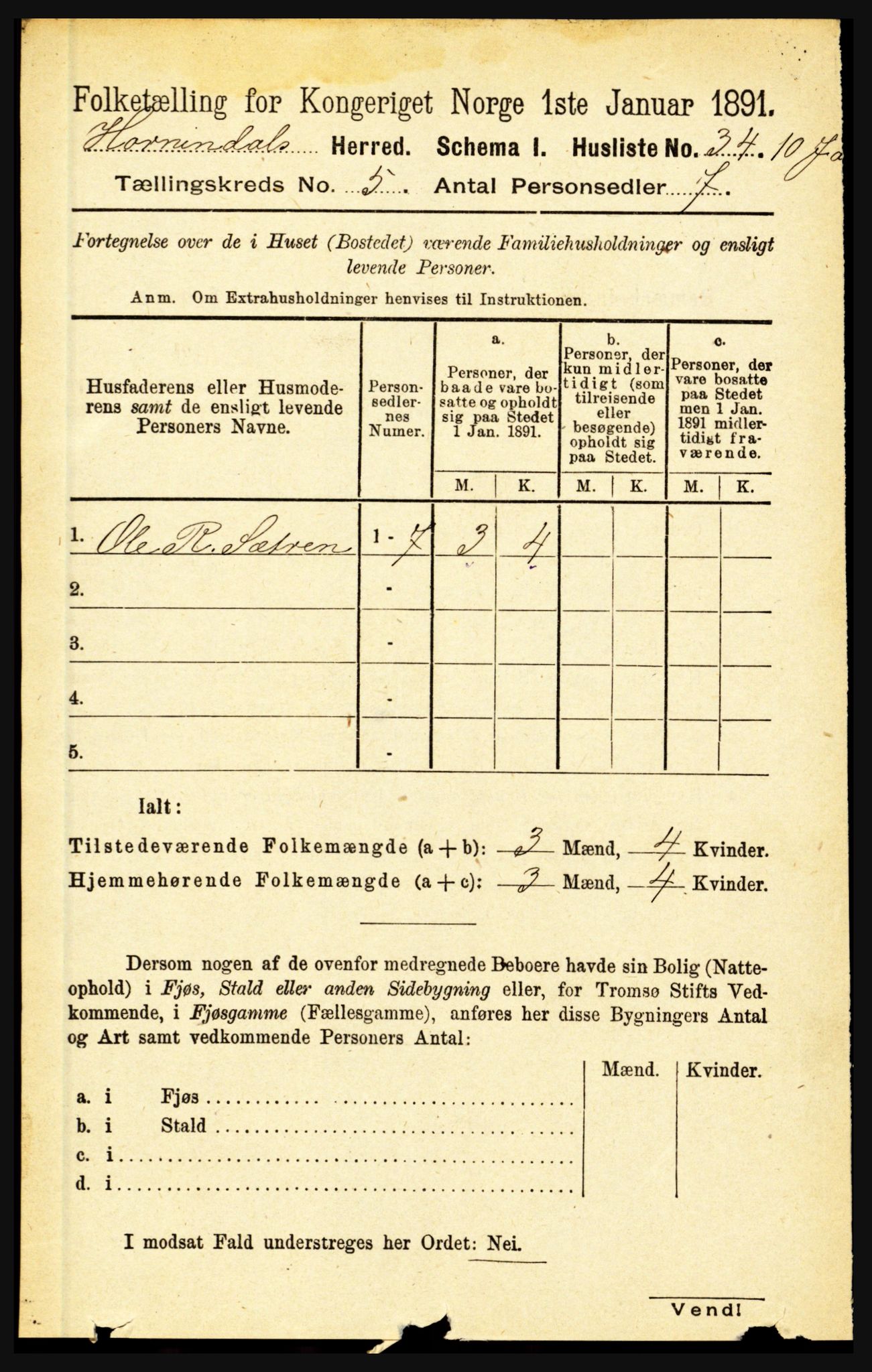 RA, 1891 census for 1444 Hornindal, 1891, p. 1137