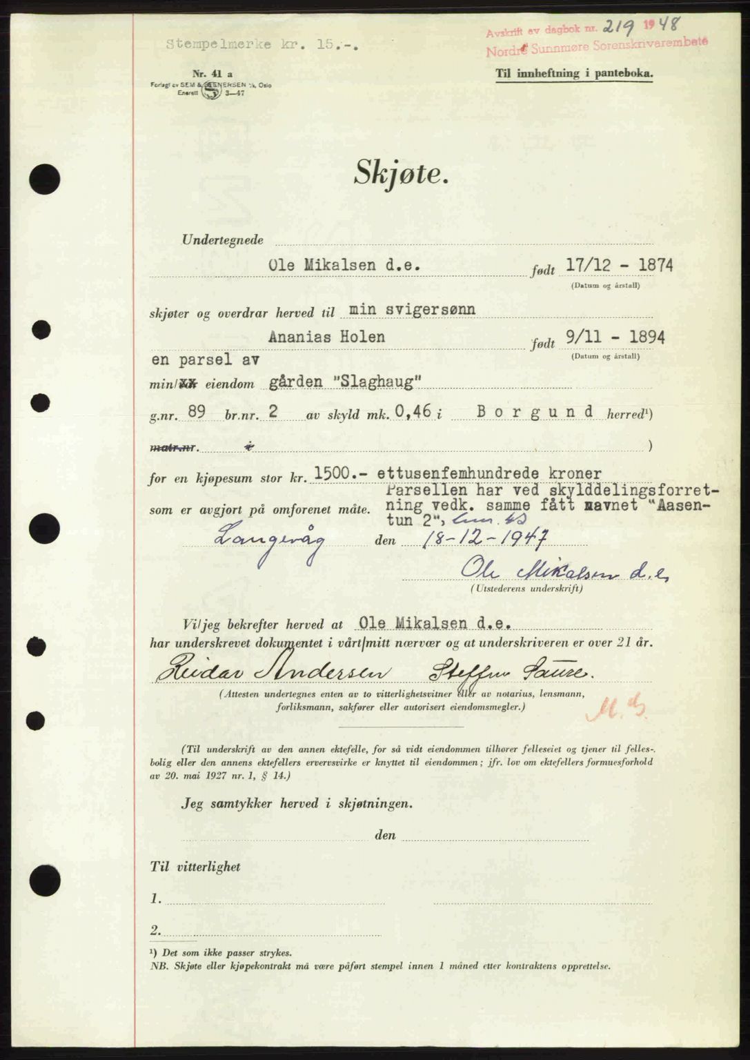 Nordre Sunnmøre sorenskriveri, AV/SAT-A-0006/1/2/2C/2Ca: Mortgage book no. A26, 1947-1948, Diary no: : 219/1948