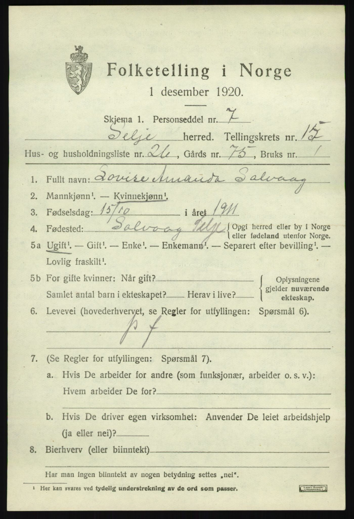 SAB, 1920 census for Selje, 1920, p. 7147