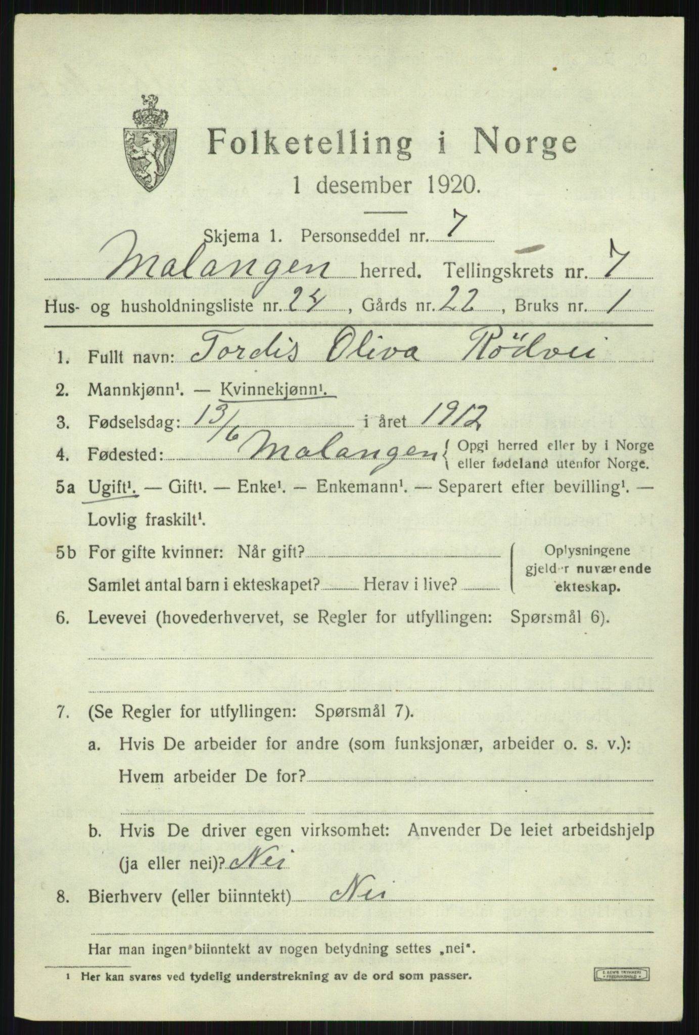 SATØ, 1920 census for Malangen, 1920, p. 3123