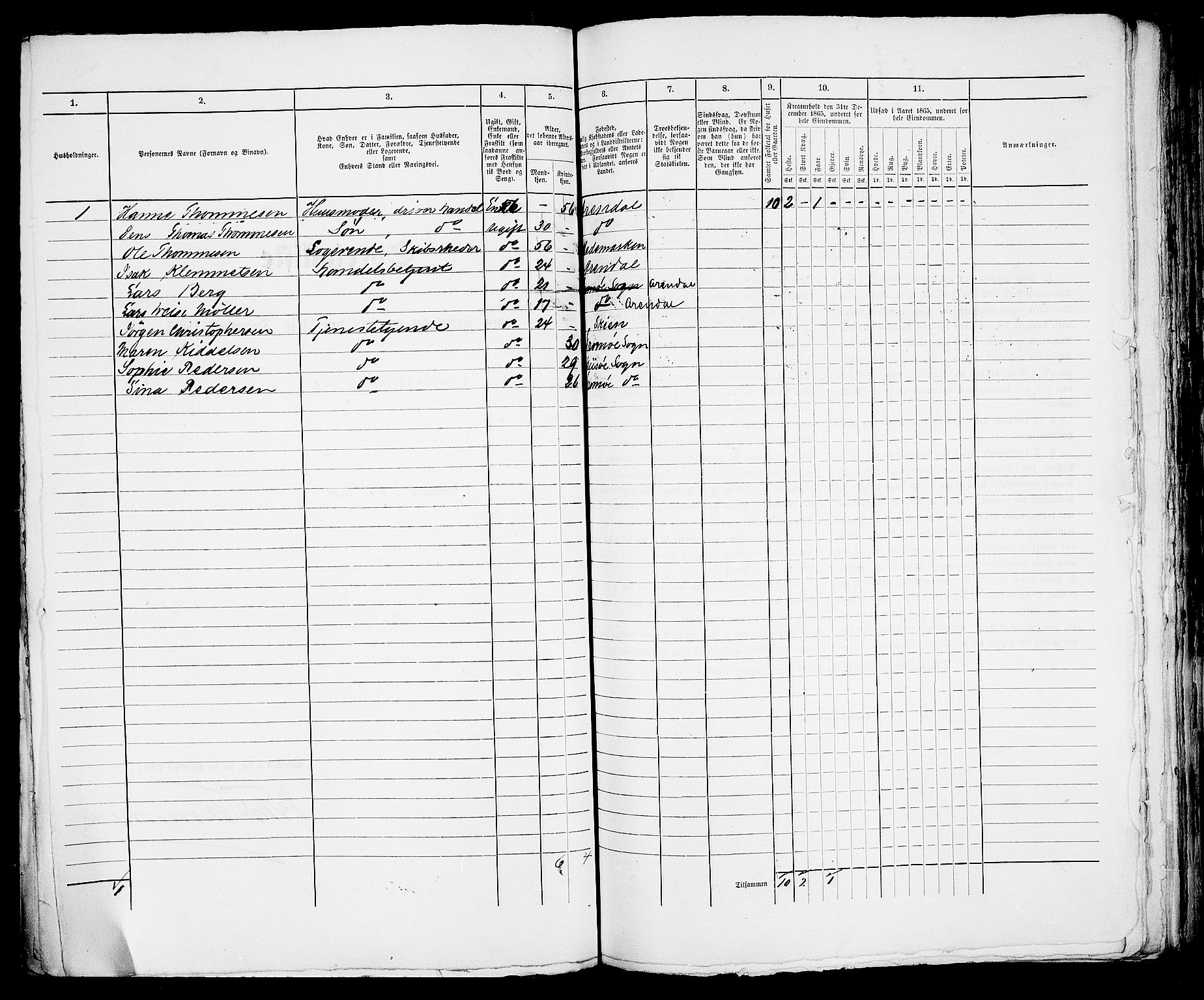 RA, 1865 census for Arendal, 1865, p. 488