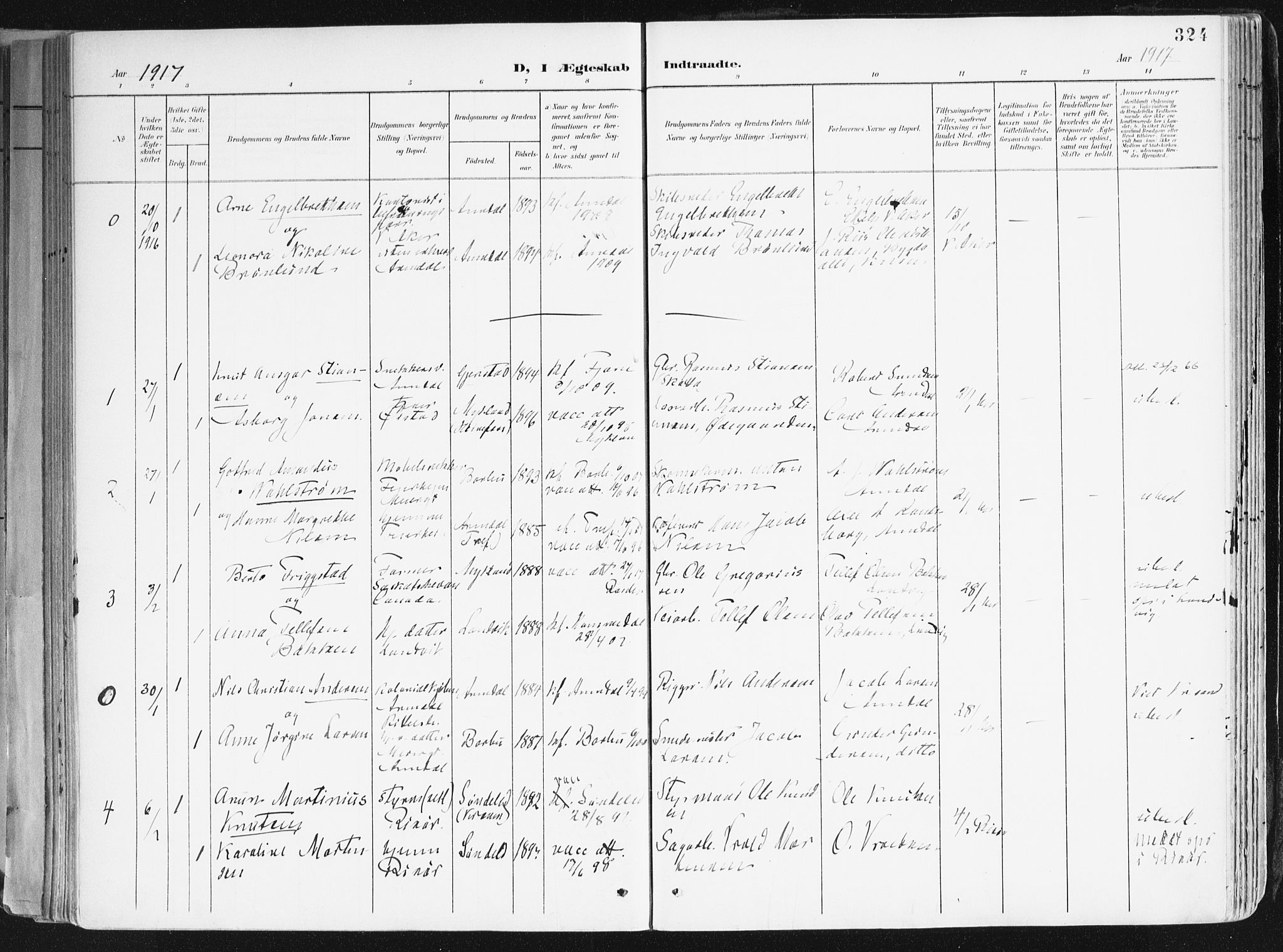 Arendal sokneprestkontor, Trefoldighet, SAK/1111-0040/F/Fa/L0010: Parish register (official) no. A 10, 1900-1919, p. 324
