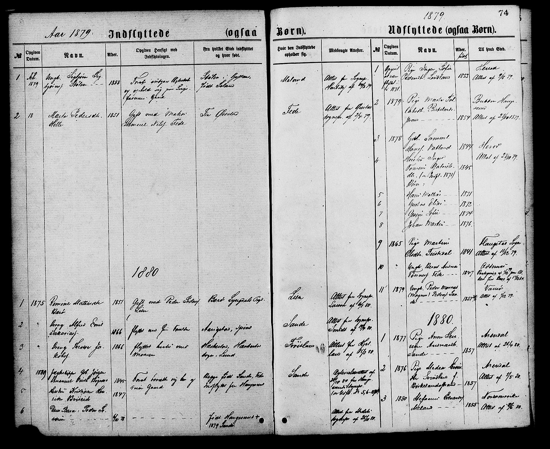 Kvinesdal sokneprestkontor, SAK/1111-0026/F/Fa/Faa/L0003: Parish register (official) no. A 3, 1877-1882, p. 74