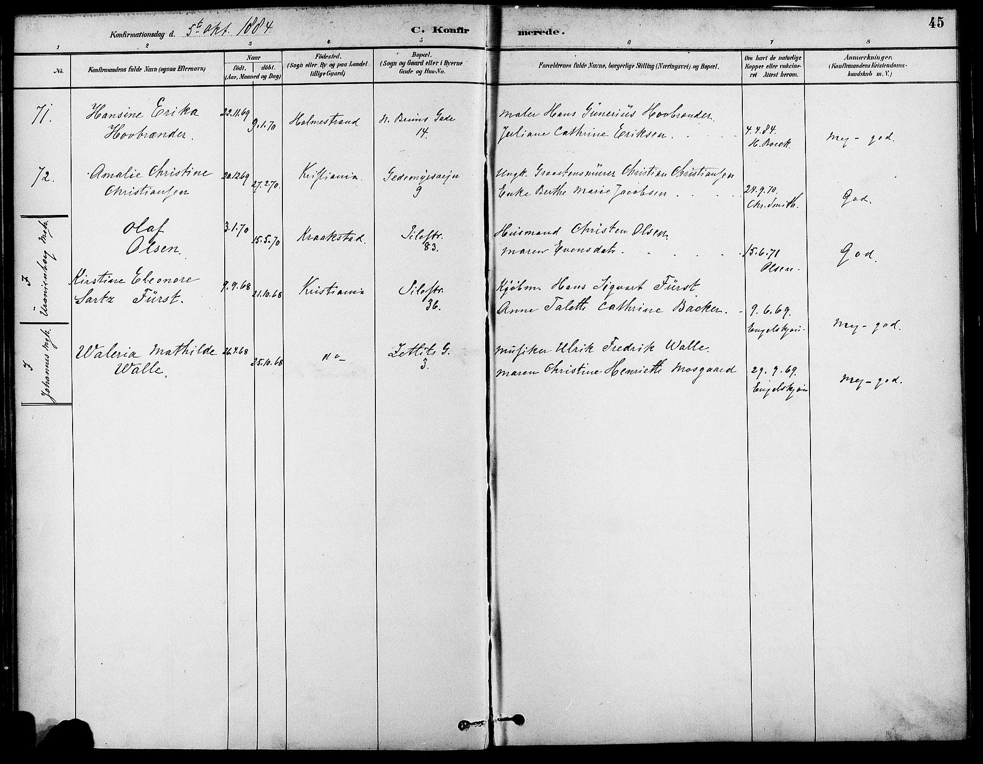 Gamle Aker prestekontor Kirkebøker, SAO/A-10617a/F/L0007: Parish register (official) no. 7, 1882-1890, p. 45