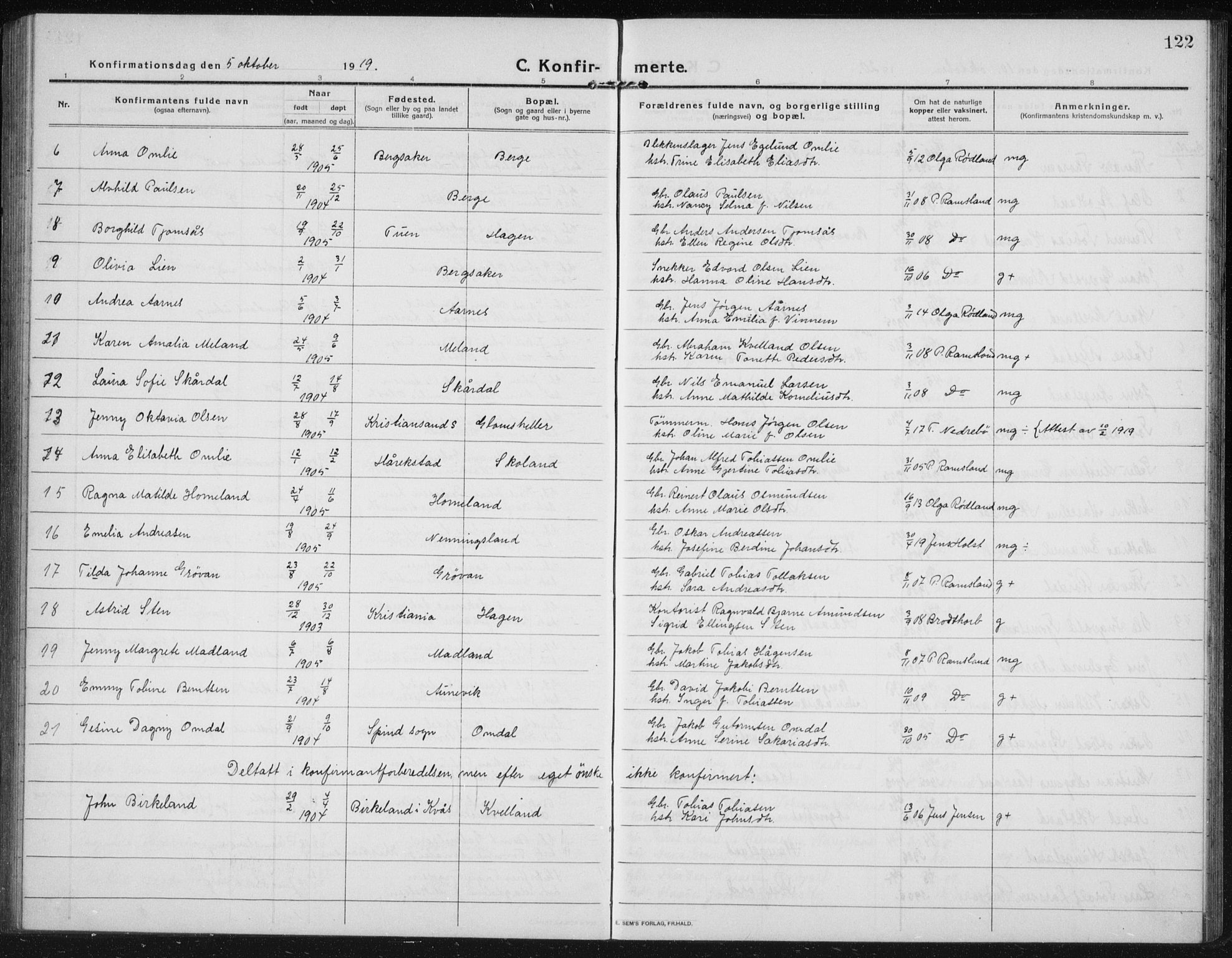 Lyngdal sokneprestkontor, AV/SAK-1111-0029/F/Fb/Fbc/L0006: Parish register (copy) no. B 6, 1914-1934, p. 122