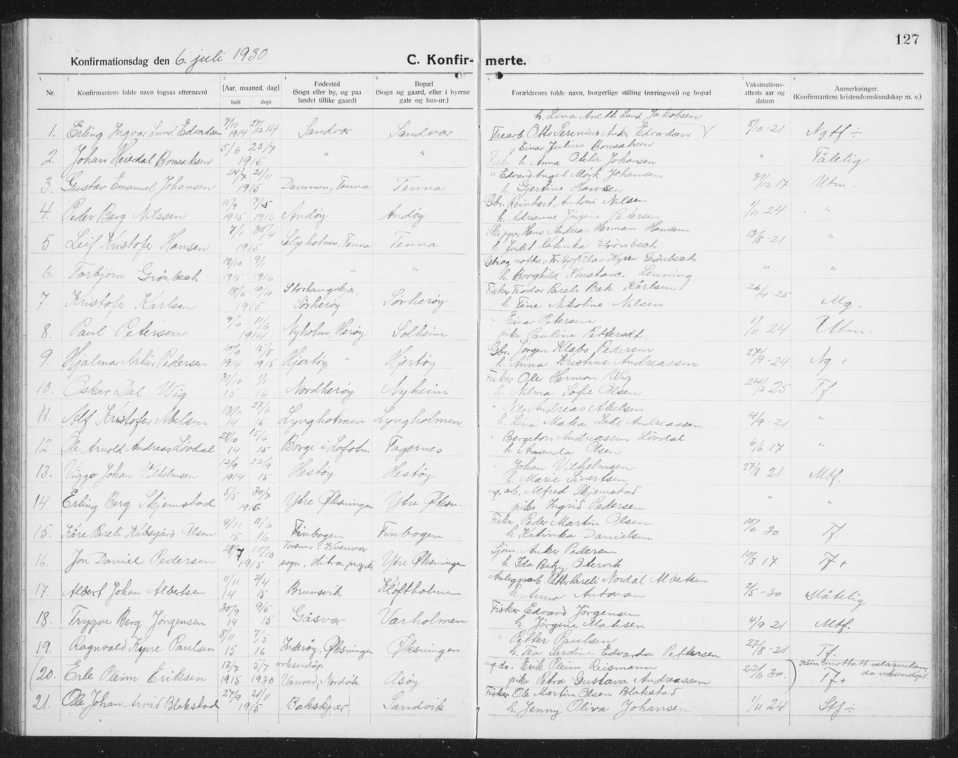 Ministerialprotokoller, klokkerbøker og fødselsregistre - Nordland, SAT/A-1459/834/L0517: Parish register (copy) no. 834C07, 1919-1939, p. 127