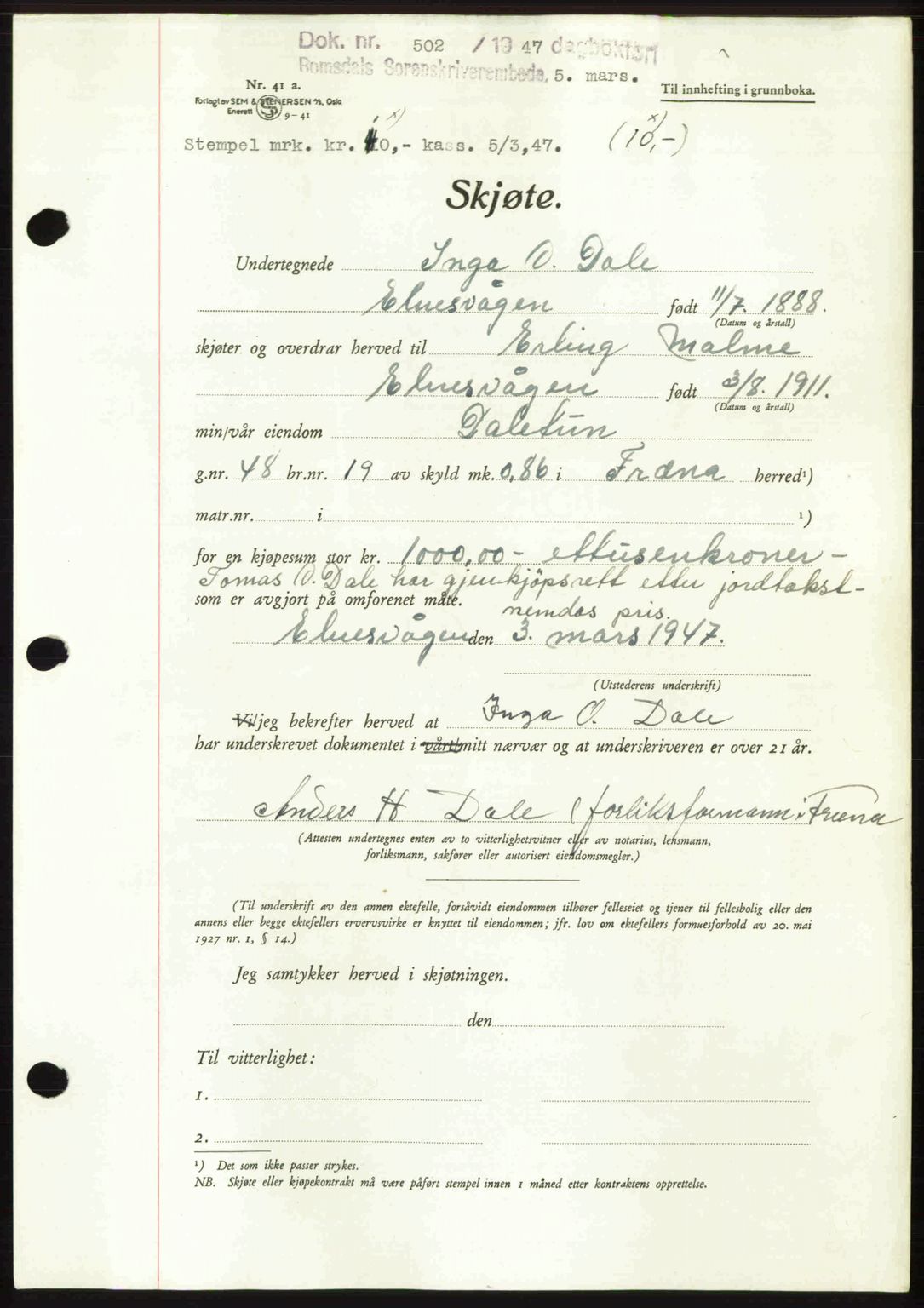 Romsdal sorenskriveri, AV/SAT-A-4149/1/2/2C: Mortgage book no. A22, 1947-1947, Diary no: : 502/1947