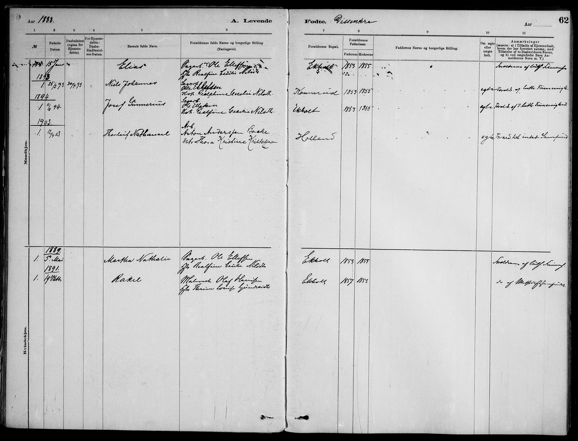 Skoger kirkebøker, AV/SAKO-A-59/F/Fb/L0001: Parish register (official) no. II 1, 1885-1913, p. 62