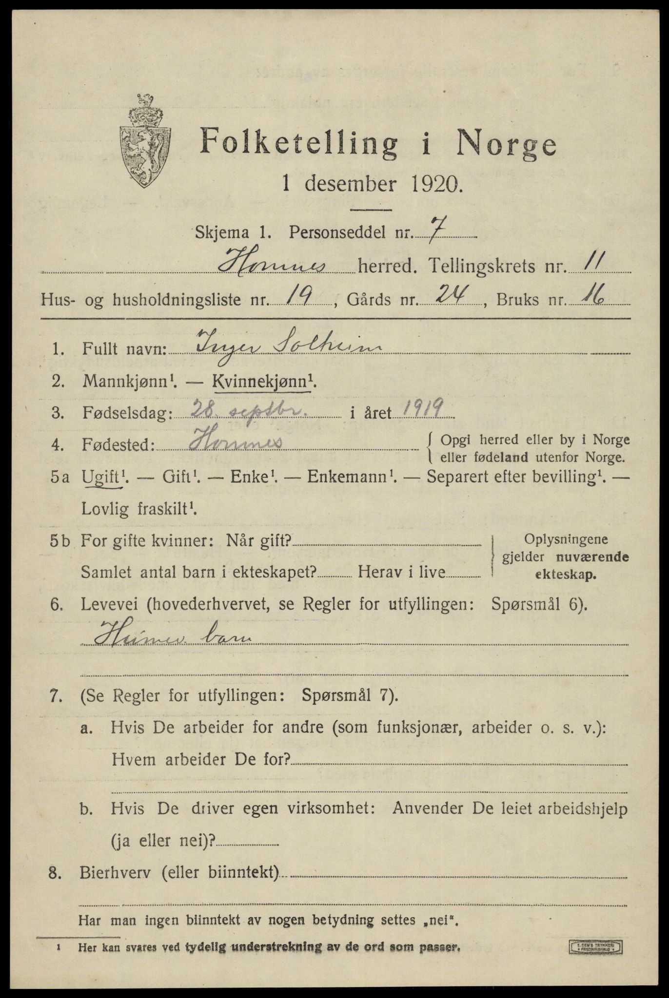 SAK, 1920 census for Hornnes, 1920, p. 2875