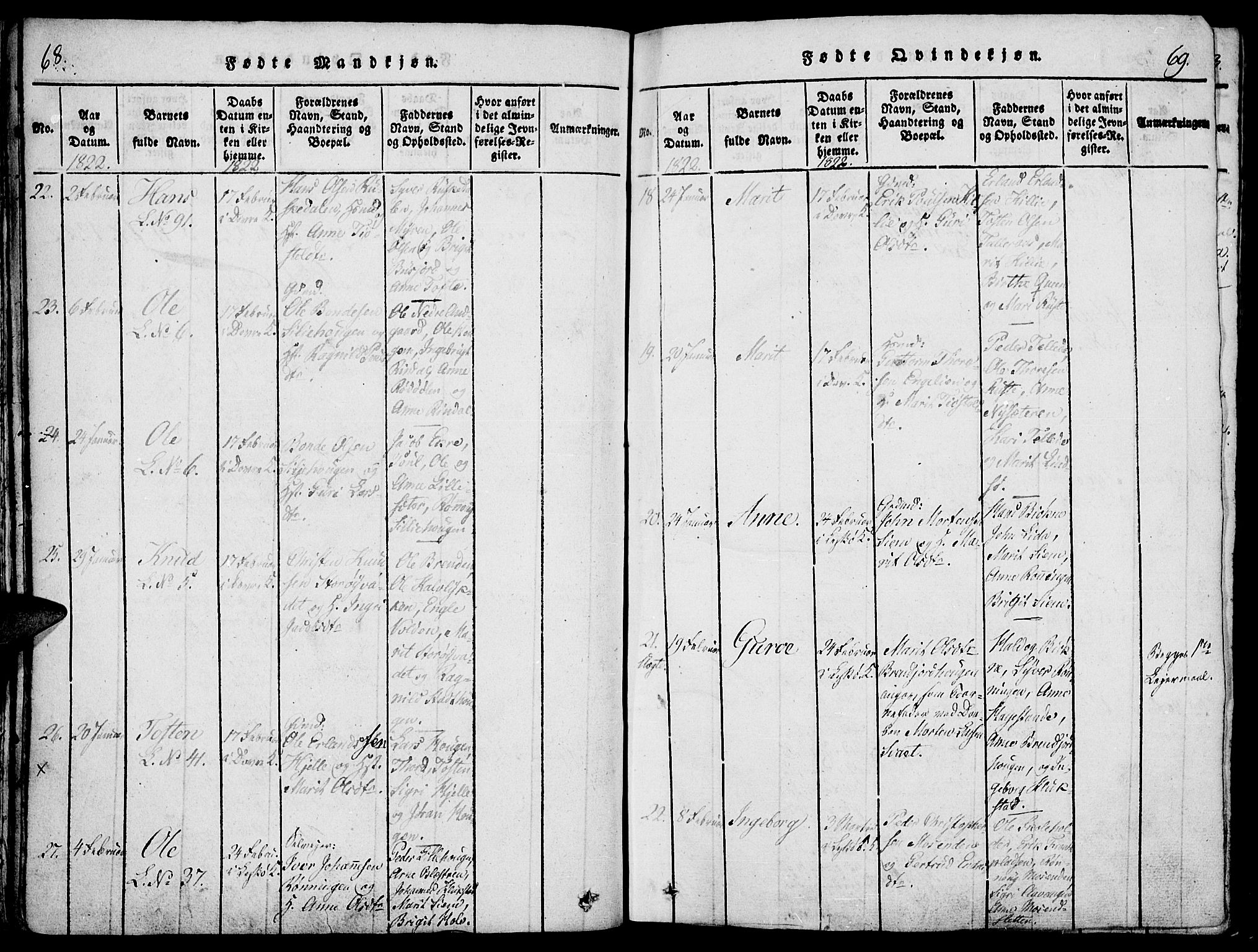 Lesja prestekontor, SAH/PREST-068/H/Ha/Haa/L0004: Parish register (official) no. 4, 1820-1829, p. 68-69