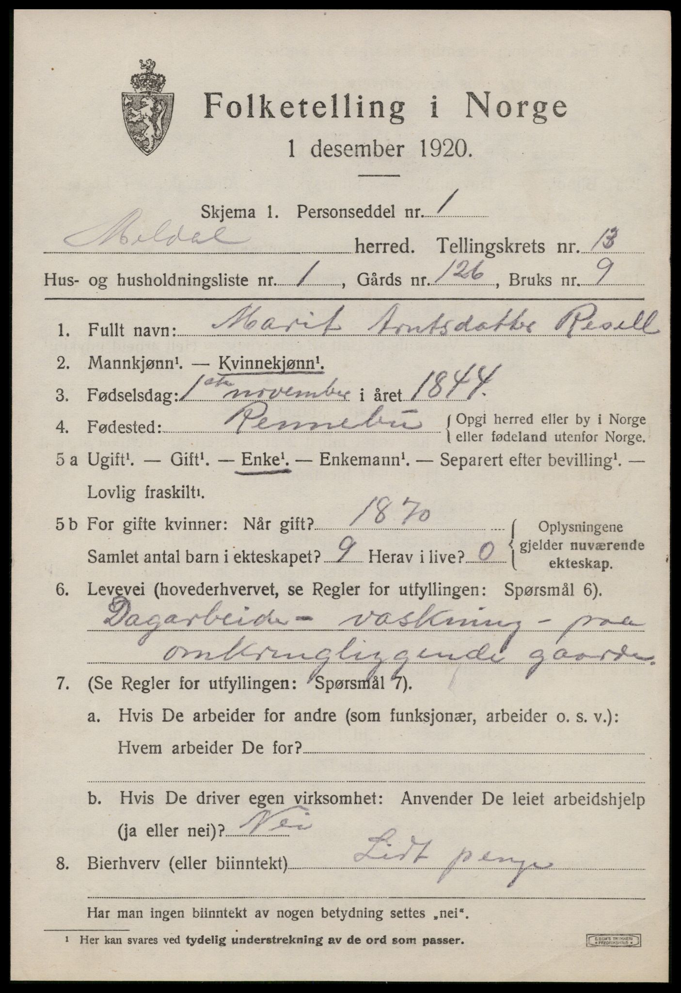 SAT, 1920 census for Meldal, 1920, p. 9471