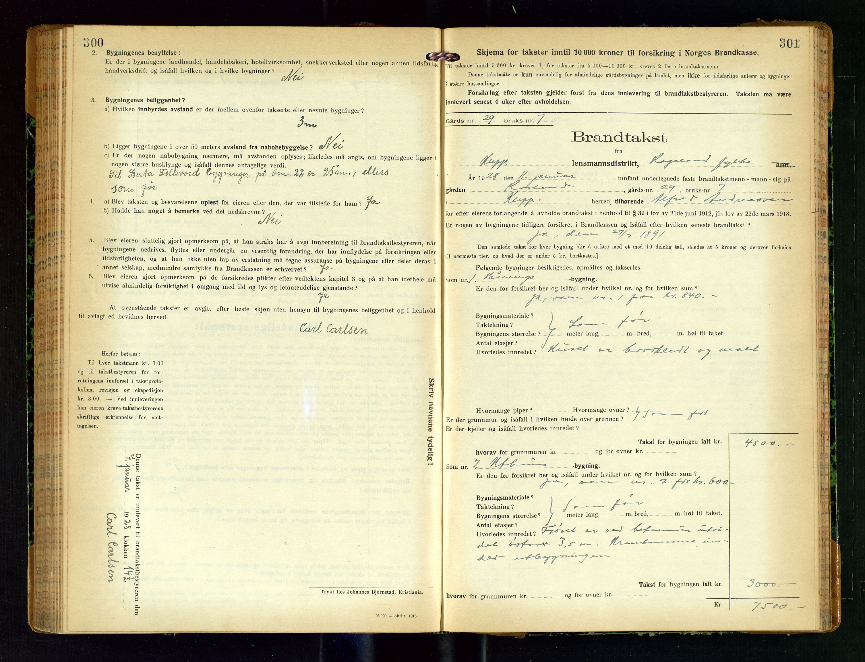 Klepp lensmannskontor, SAST/A-100163/Goc/L0011: "Brandtakstprotokoll" m/register, 1924-1929, p. 300-301