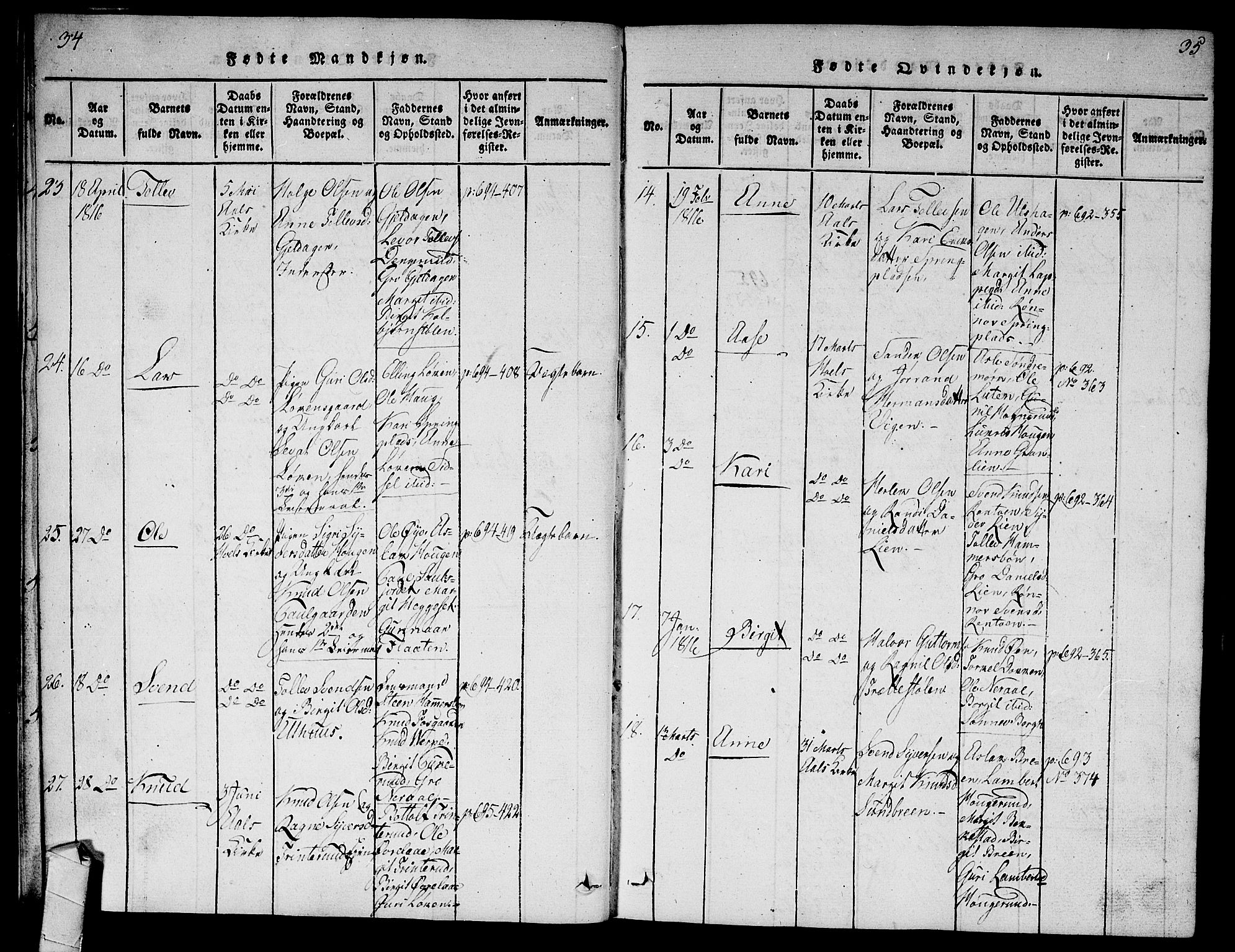 Ål kirkebøker, AV/SAKO-A-249/G/Ga/L0001: Parish register (copy) no. 1, 1815-1829, p. 34-35