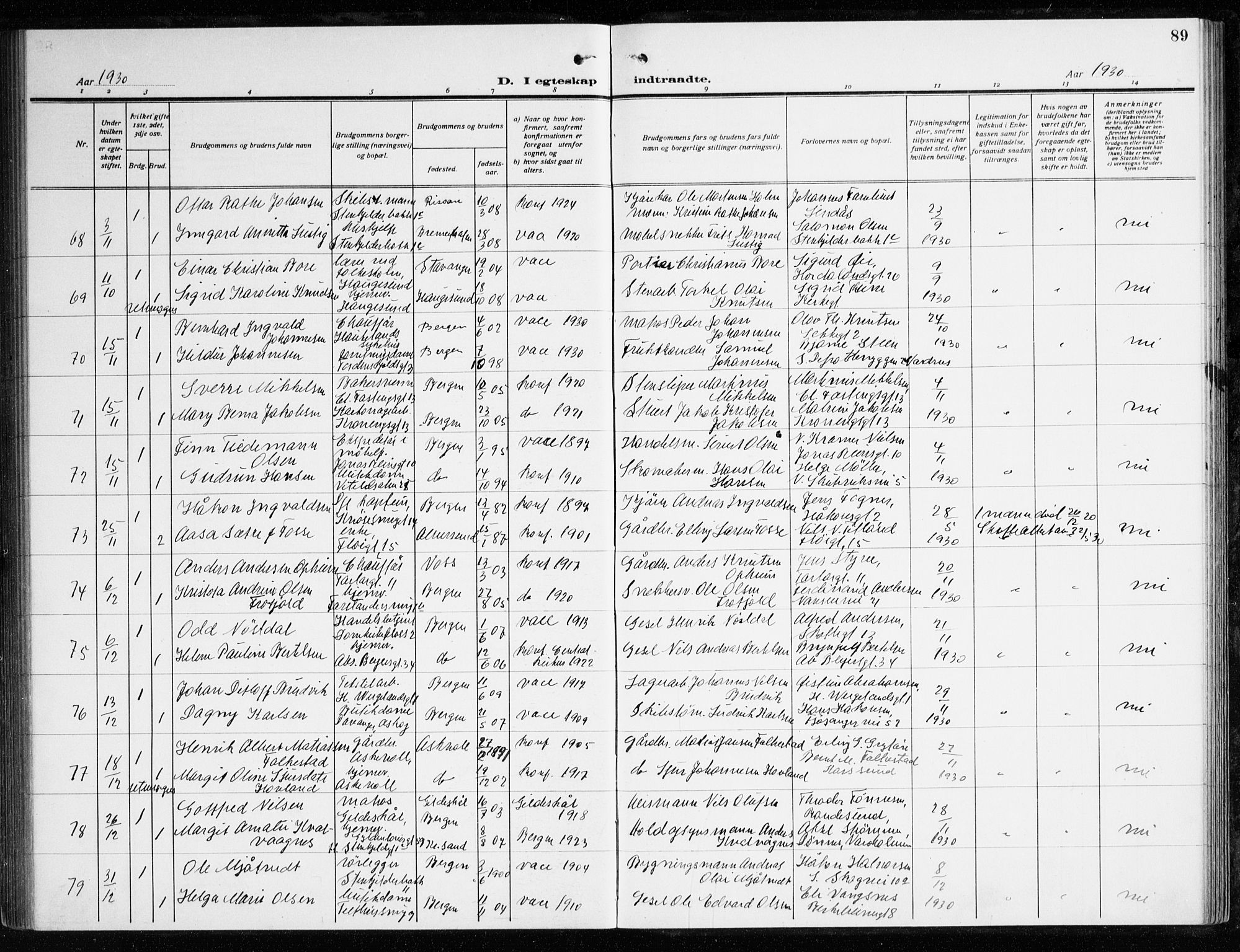 Korskirken sokneprestembete, AV/SAB-A-76101/H/Haa/L0039: Parish register (official) no. D 6, 1919-1938, p. 89