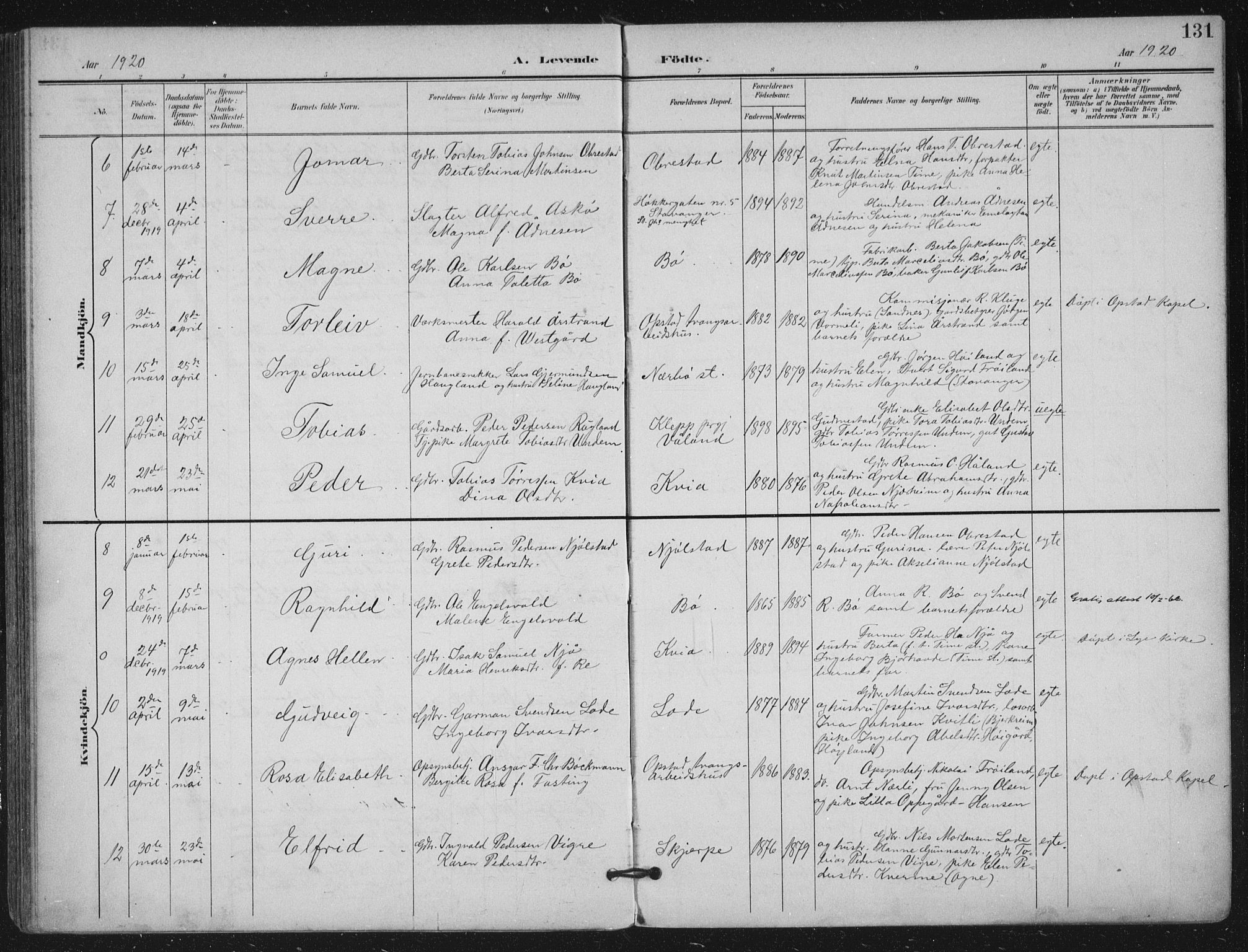 Hå sokneprestkontor, SAST/A-101801/002/B/L0001: Parish register (official) no. A 11, 1897-1924, p. 131