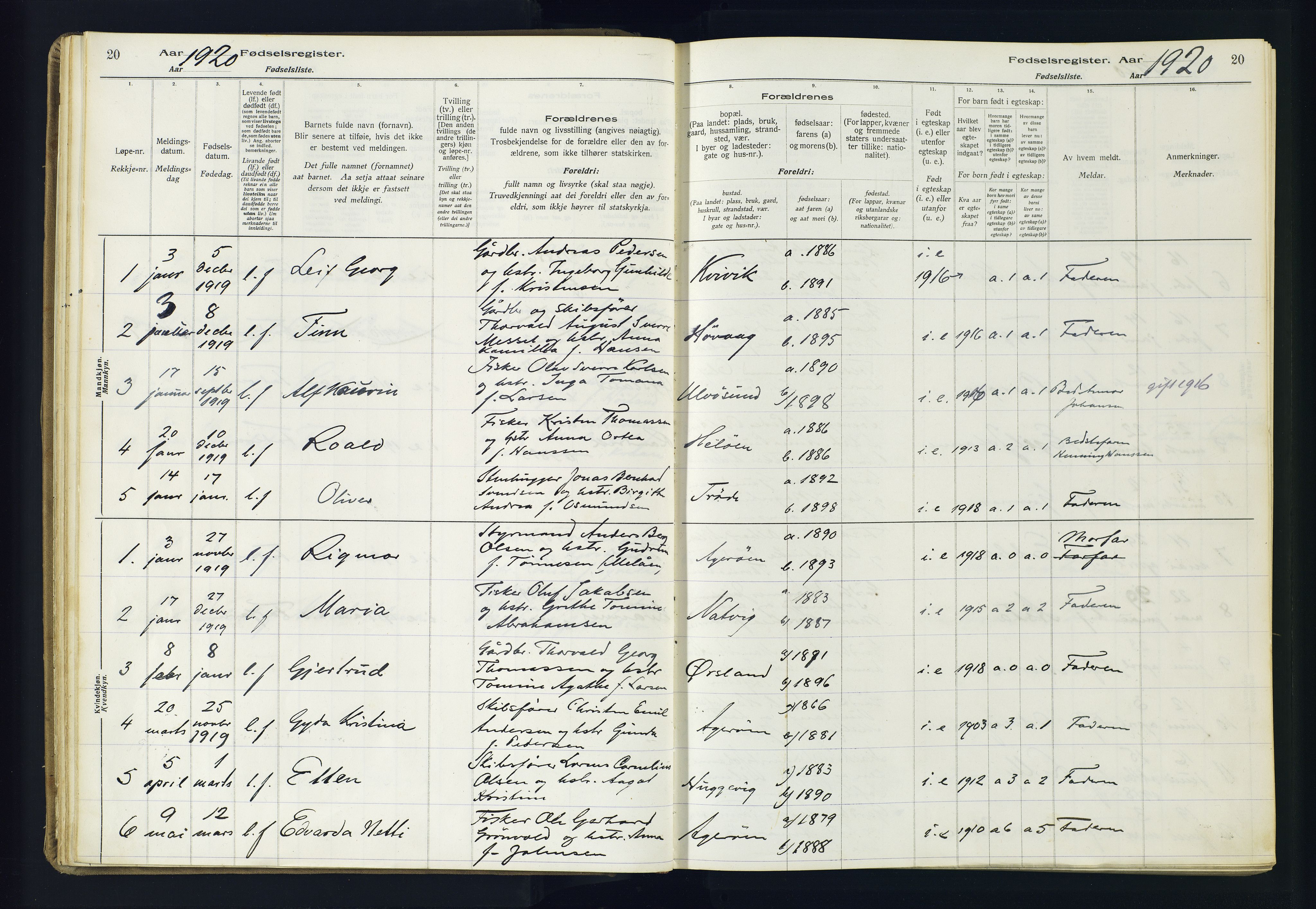 Høvåg sokneprestkontor, AV/SAK-1111-0025/J/Ja/L0001: Birth register no. II.4.2, 1916-1982, p. 20