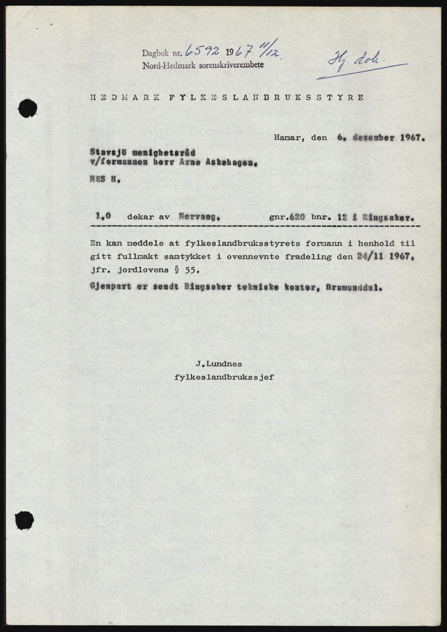 Nord-Hedmark sorenskriveri, SAH/TING-012/H/Hc/L0027: Mortgage book no. 27, 1967-1968, Diary no: : 6592/1967