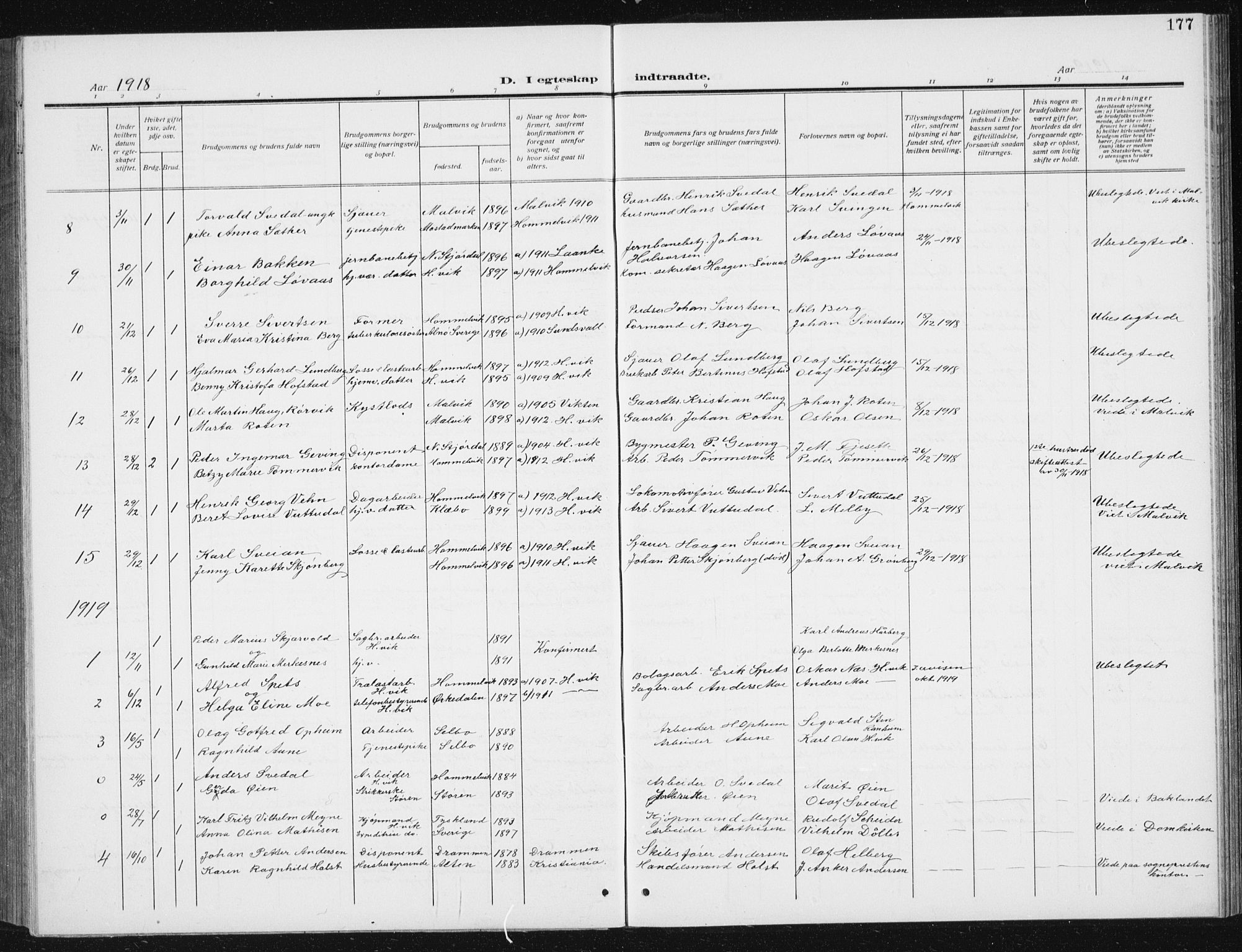 Ministerialprotokoller, klokkerbøker og fødselsregistre - Sør-Trøndelag, SAT/A-1456/617/L0431: Parish register (copy) no. 617C02, 1910-1936, p. 177