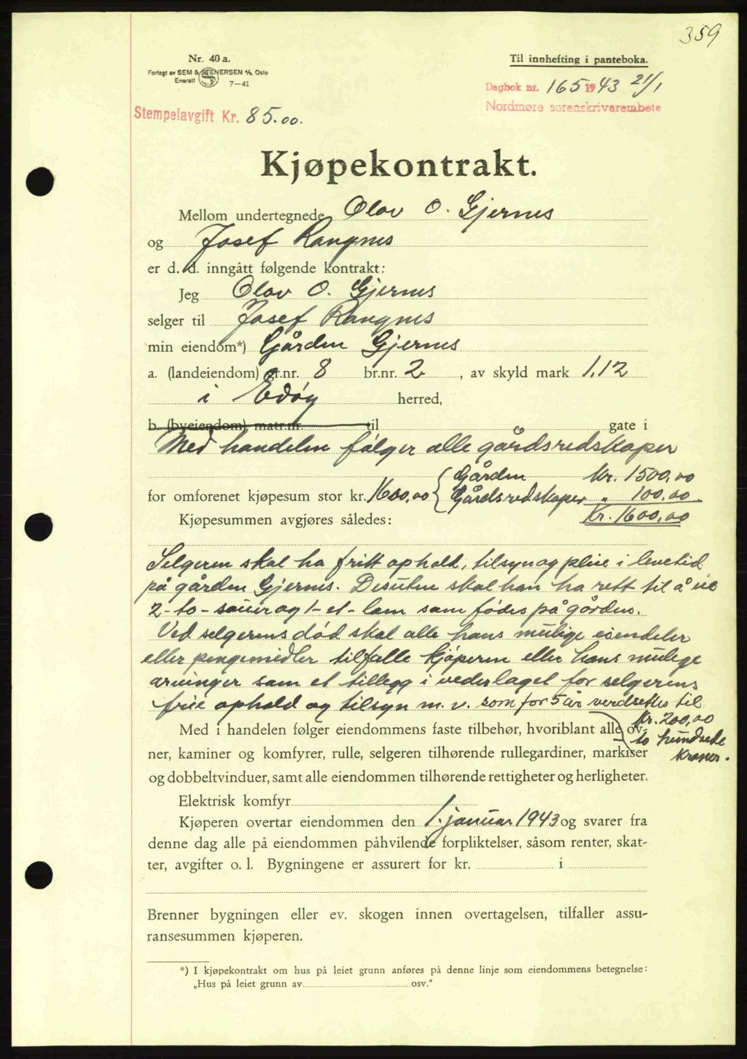 Nordmøre sorenskriveri, AV/SAT-A-4132/1/2/2Ca: Mortgage book no. B90, 1942-1943, Diary no: : 165/1943