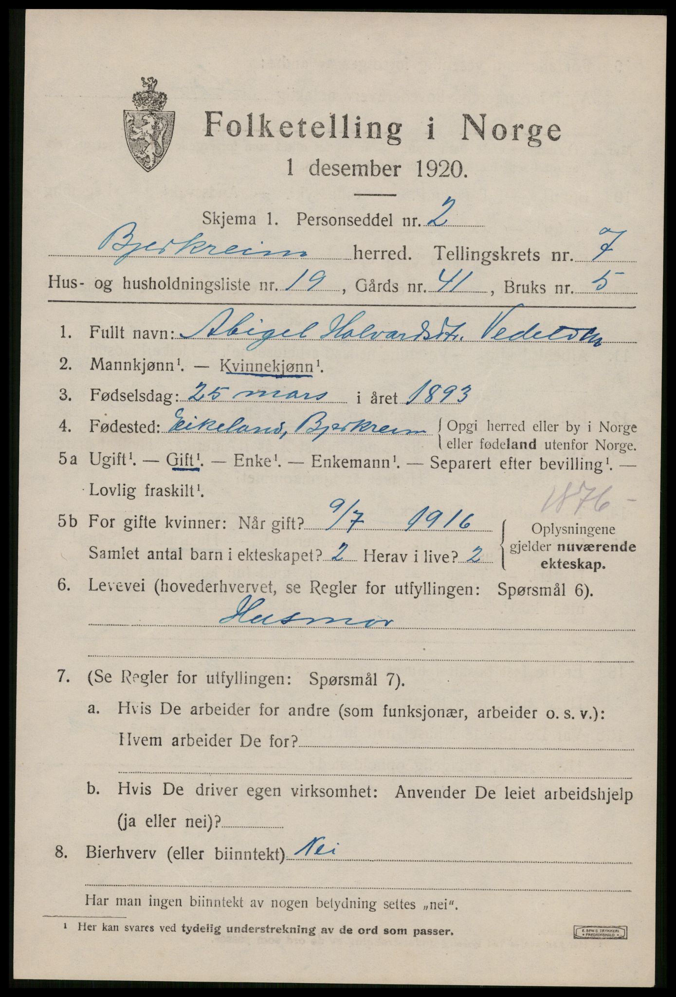 SAST, 1920 census for Bjerkreim, 1920, p. 2578