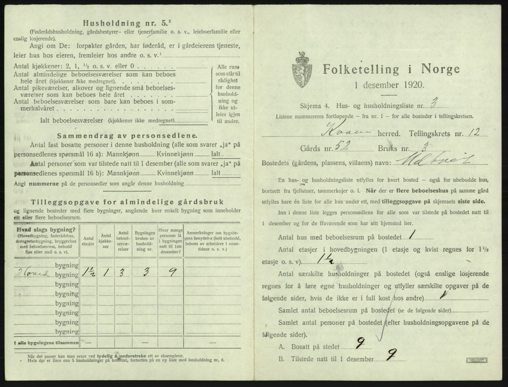 SAB, 1920 census for Kvam, 1920, p. 1039