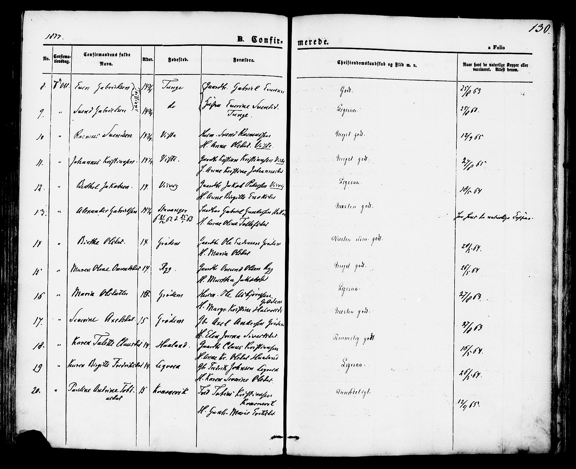 Hetland sokneprestkontor, AV/SAST-A-101826/30/30BA/L0004: Parish register (official) no. A 4, 1862-1881, p. 130