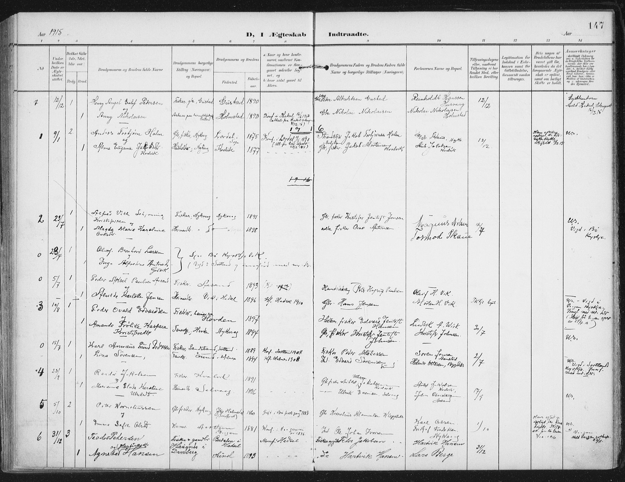 Ministerialprotokoller, klokkerbøker og fødselsregistre - Nordland, SAT/A-1459/892/L1321: Parish register (official) no. 892A02, 1902-1918, p. 147