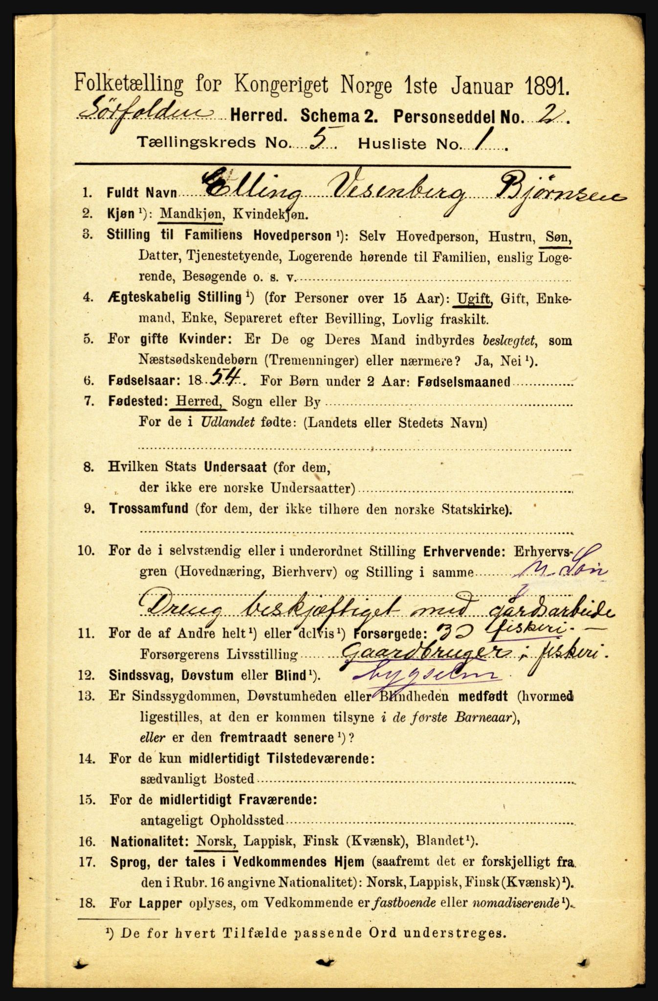 RA, 1891 census for 1845 Sørfold, 1891, p. 1363