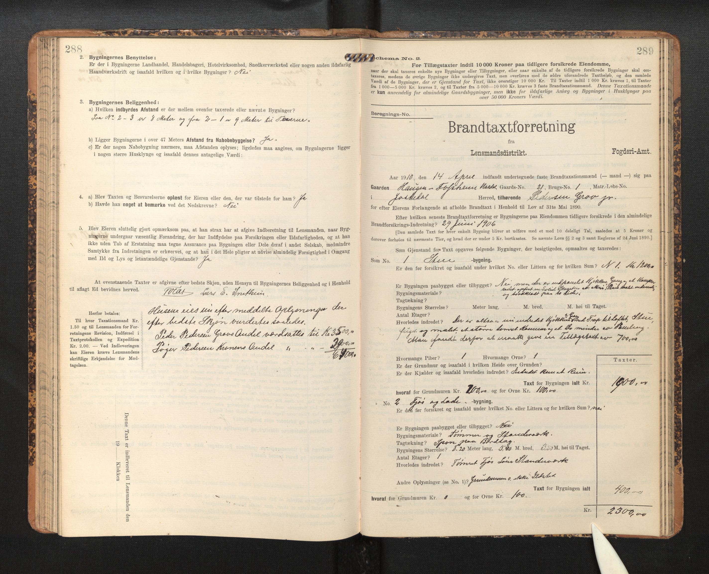 Lensmannen i Jostedal, SAB/A-28601/0012/L0004: Branntakstprotokoll, skjematakst, 1906-1919, p. 288-289