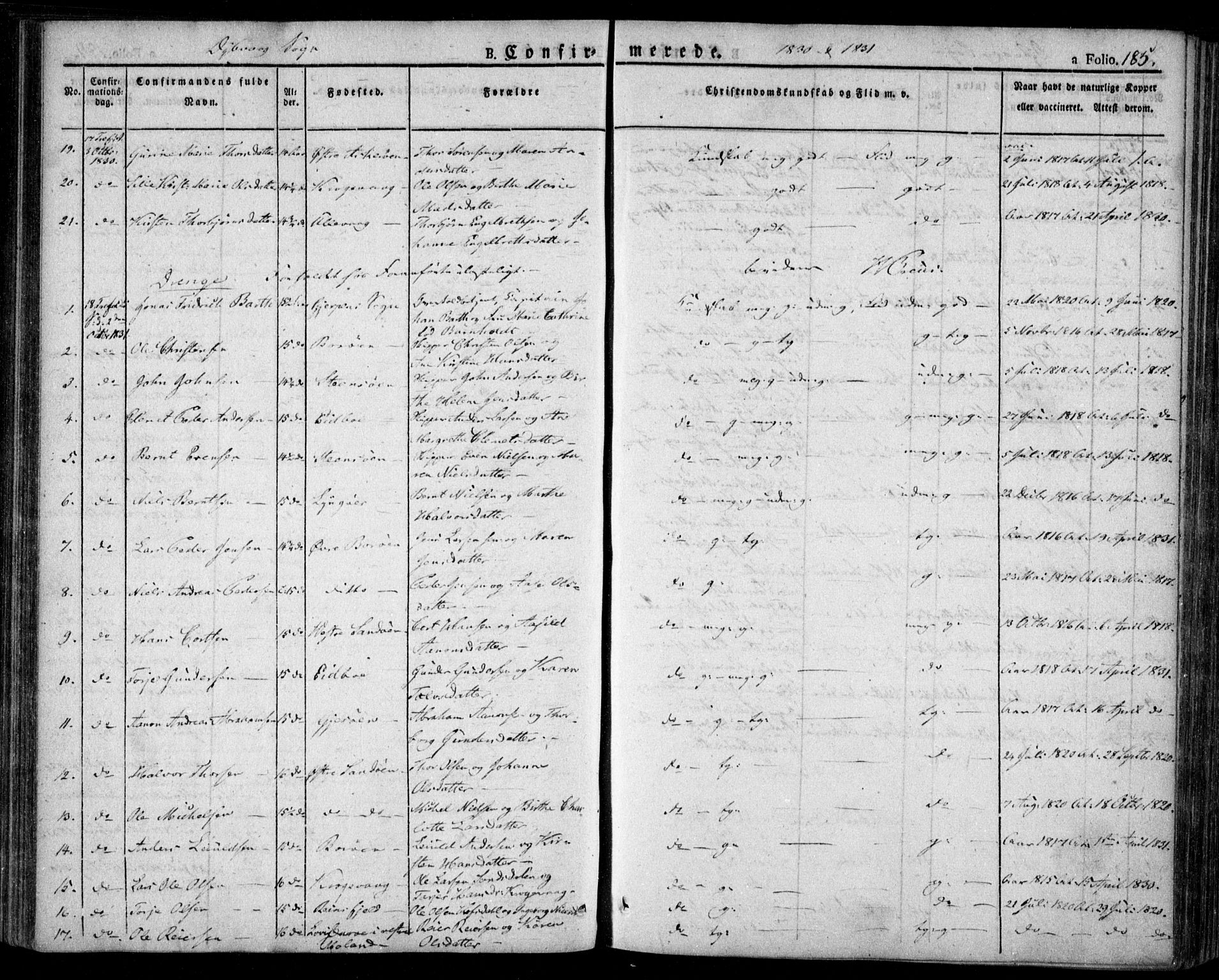 Dypvåg sokneprestkontor, SAK/1111-0007/F/Fa/Faa/L0004: Parish register (official) no. A 4, 1824-1840, p. 185