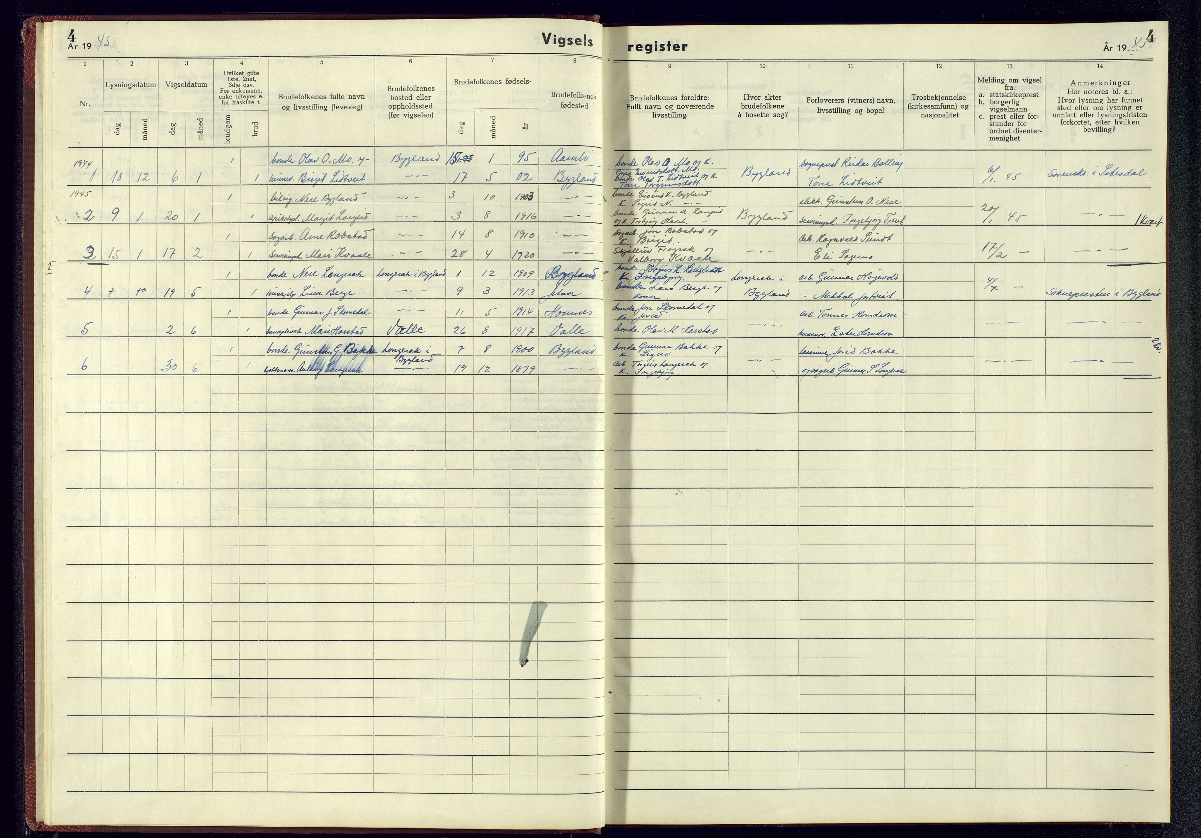 Bygland sokneprestkontor, SAK/1111-0006/J/Jb/L0002: Marriage register no. II.6.2, 1942-1945, p. 4