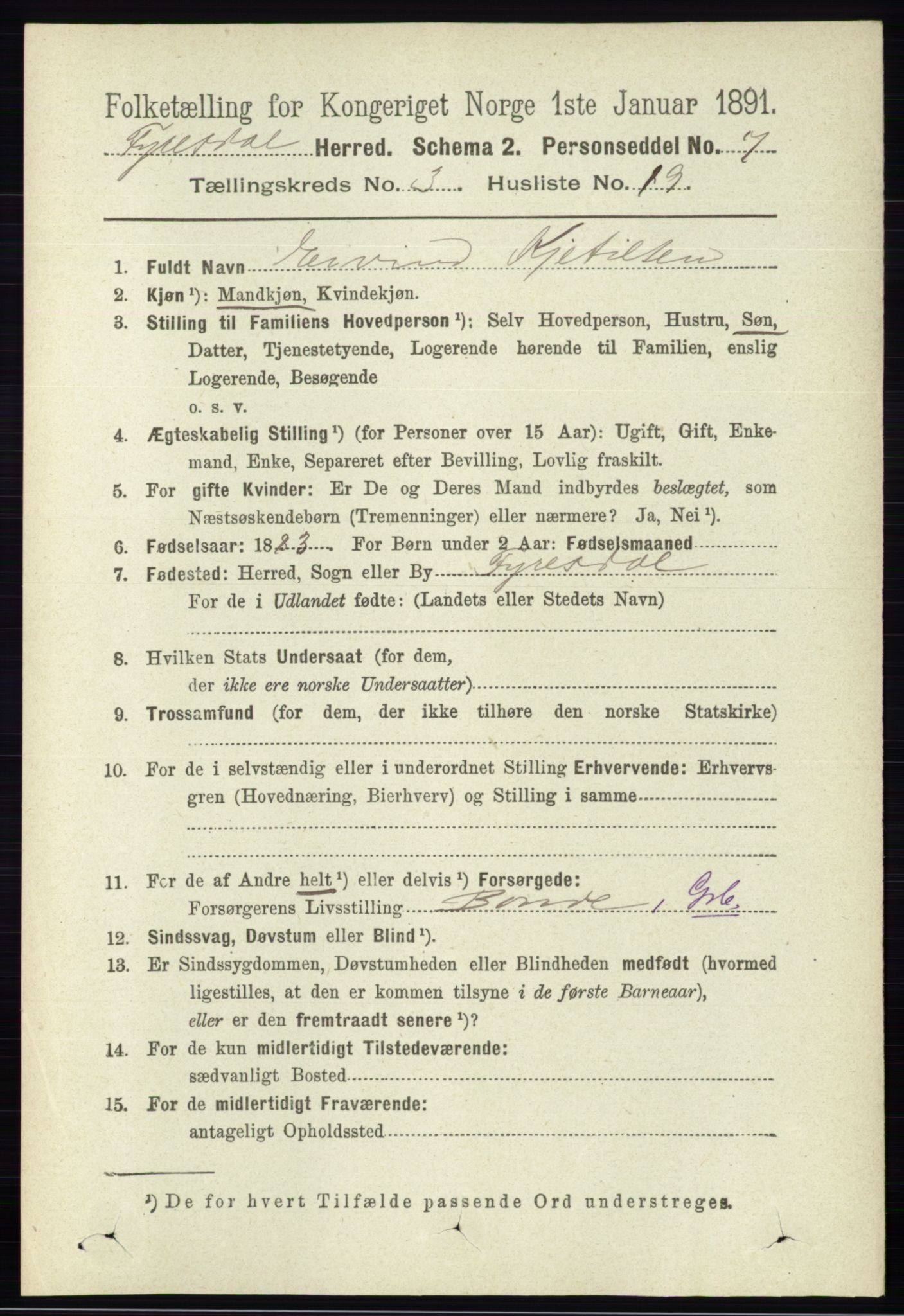 RA, 1891 census for 0831 Fyresdal, 1891, p. 582