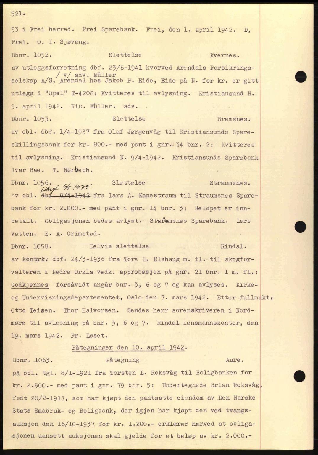 Nordmøre sorenskriveri, AV/SAT-A-4132/1/2/2Ca: Mortgage book no. C81, 1940-1945, Diary no: : 1052/1942