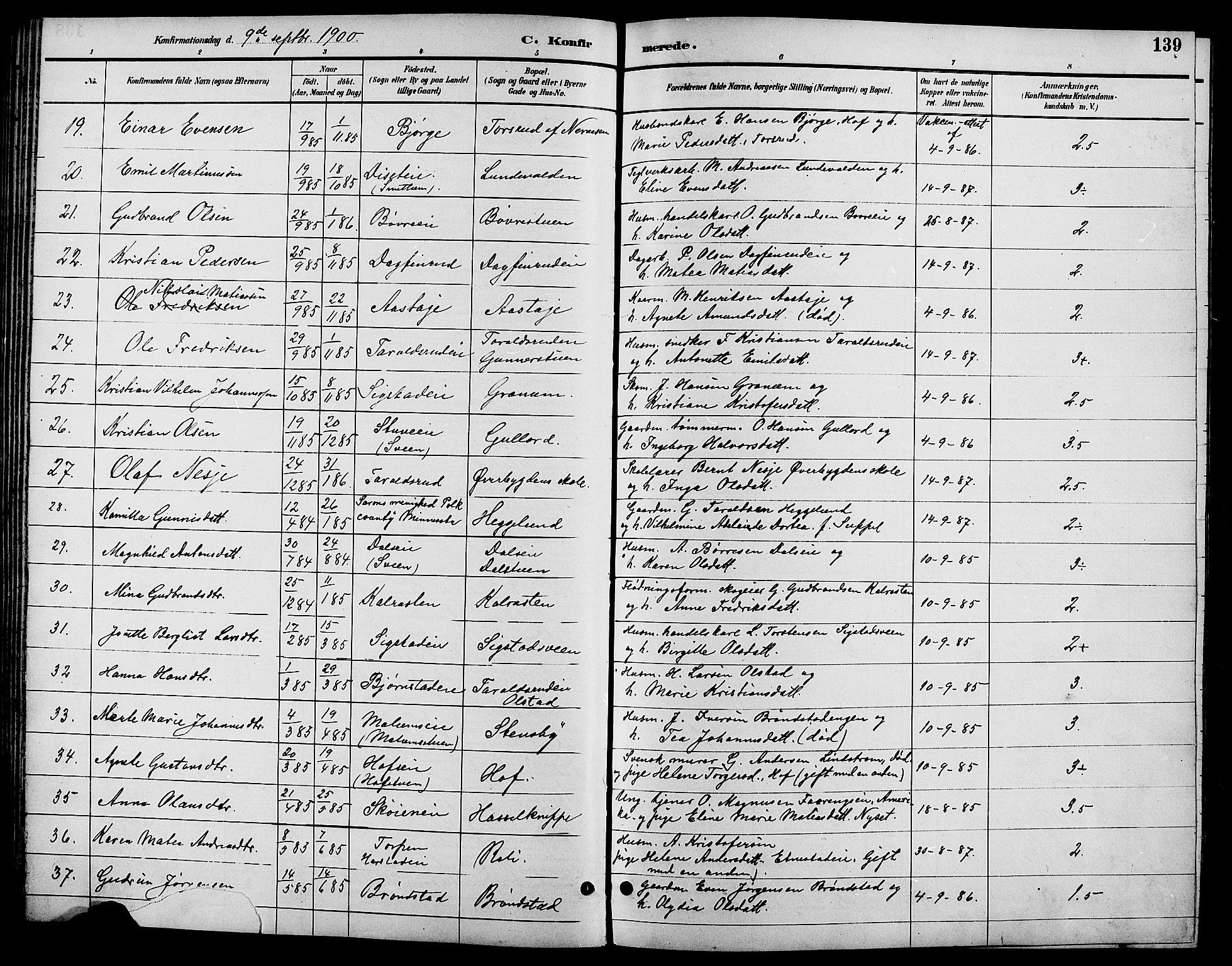Biri prestekontor, SAH/PREST-096/H/Ha/Hab/L0004: Parish register (copy) no. 4, 1892-1909, p. 139