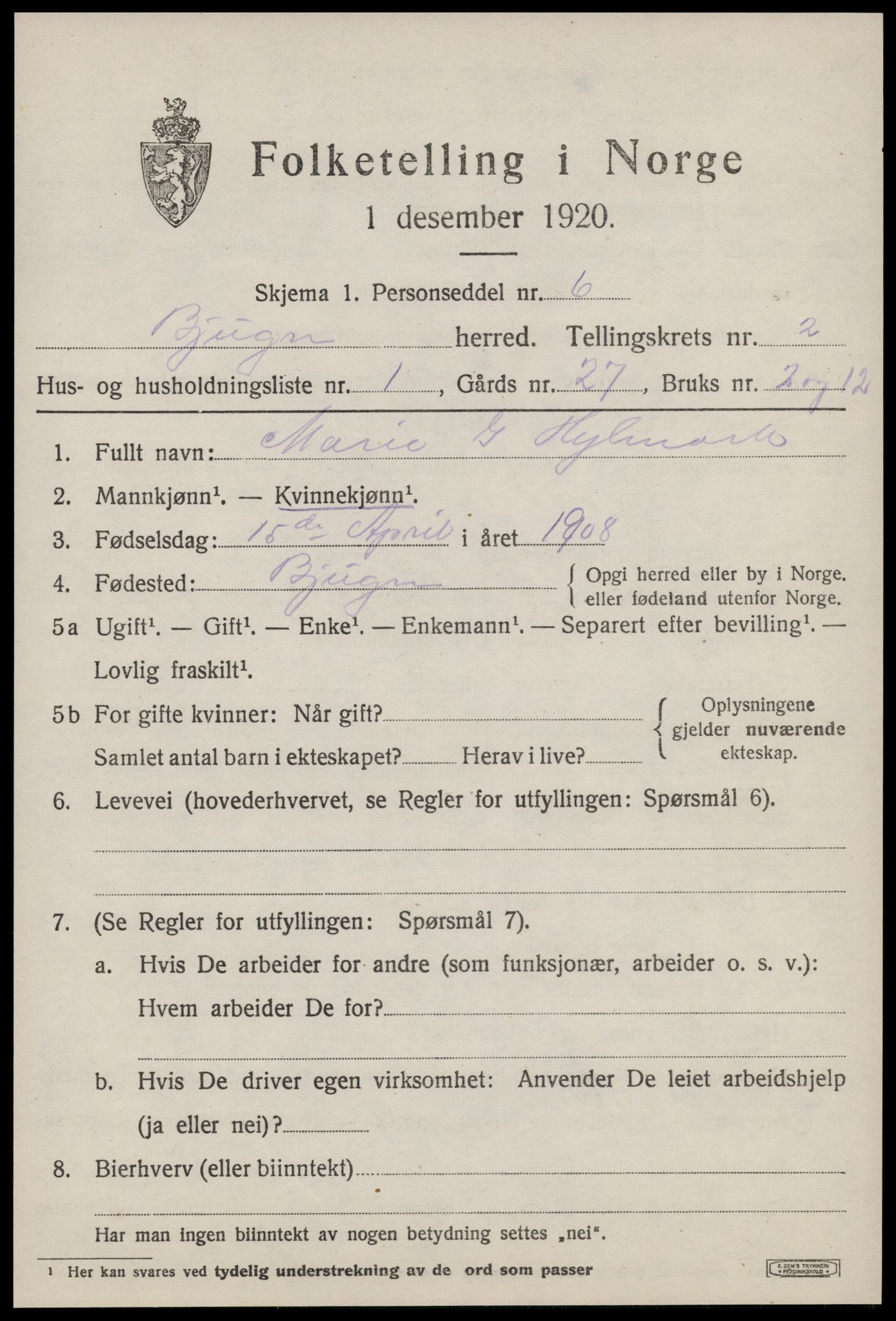 SAT, 1920 census for Bjugn, 1920, p. 1293