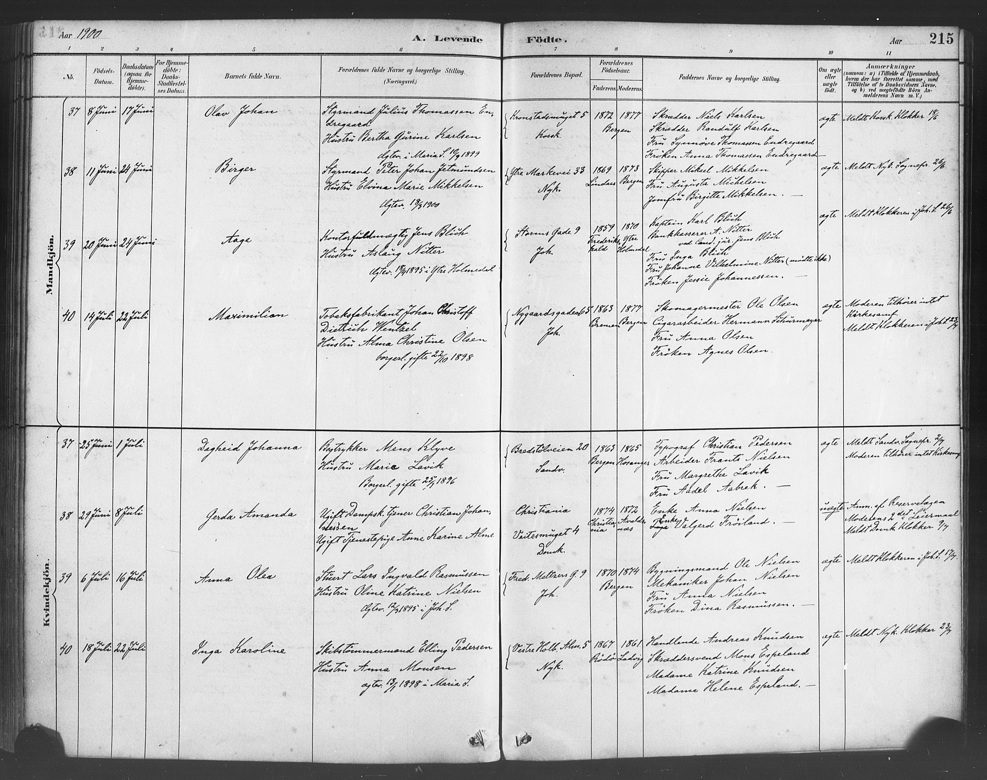 Fødselsstiftelsens sokneprestembete*, SAB/-: Parish register (official) no. A 2, 1884-1900, p. 215