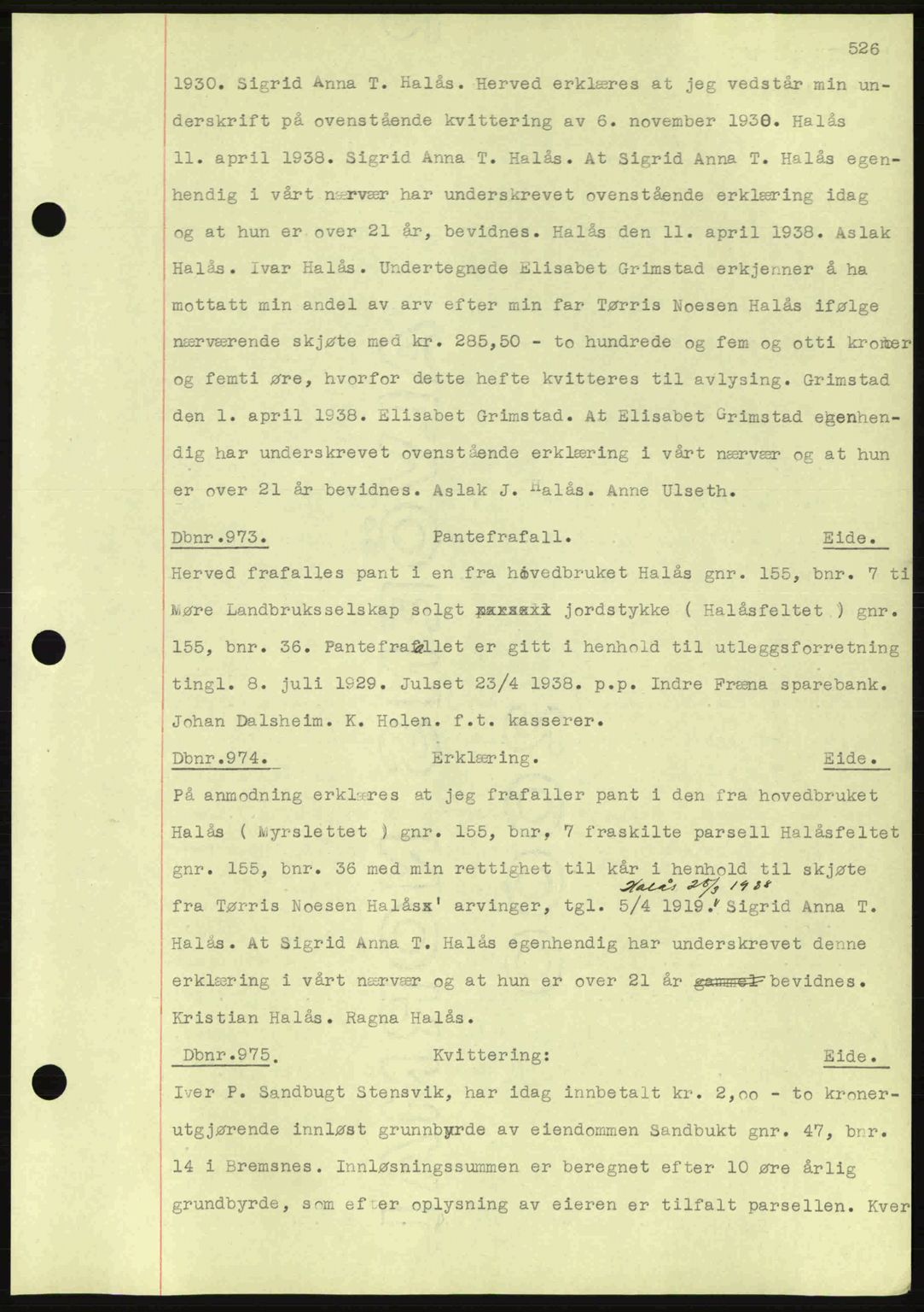 Nordmøre sorenskriveri, AV/SAT-A-4132/1/2/2Ca: Mortgage book no. C80, 1936-1939, Diary no: : 973/1938