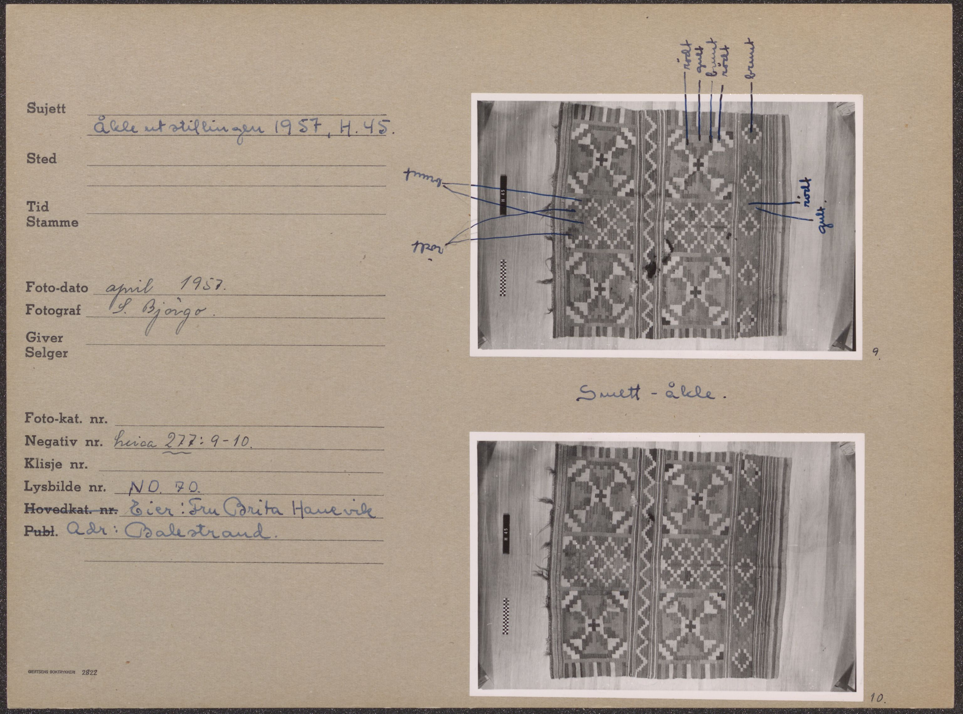 Åkleprosjektet 1957, UMB/A008/F/Fa/L0001/0003: Registreringskort Smettåkle A-H / Smettåkler H, 1957